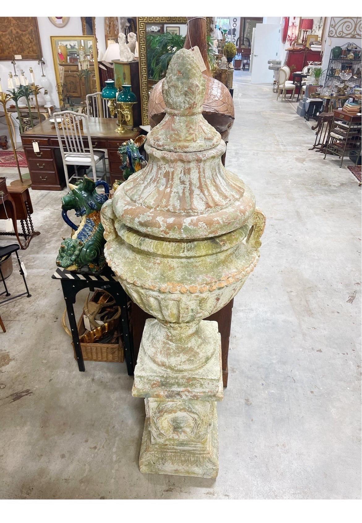 20th Century Large Scale Distressed Terracotta Urn on Stand