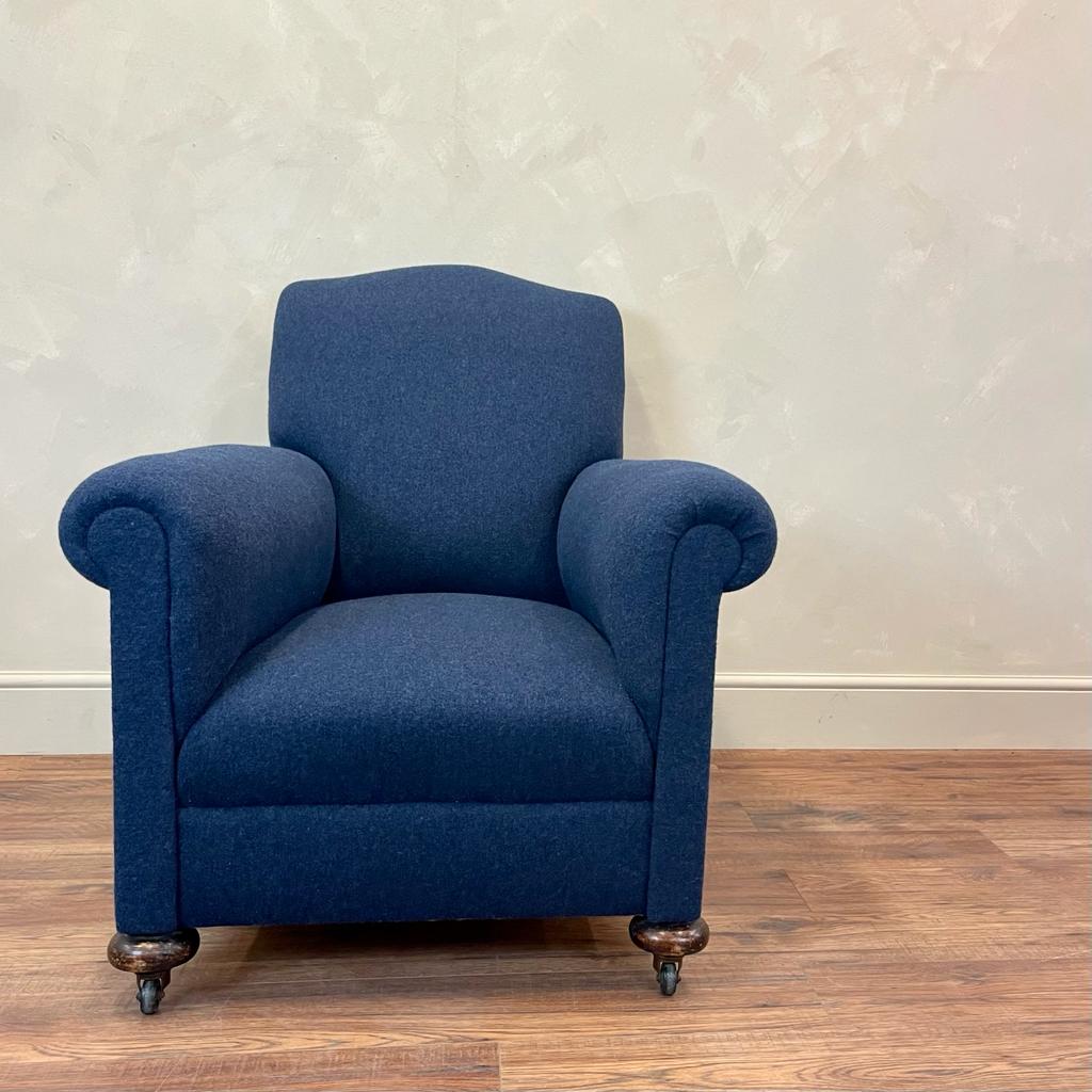 Large scale Victorian armchair in luxurious deep blue pure wool fabric.
One of the most comfortable chairs we have had reupholstered.
This has been restored down to the bones and will last another 100 years !

The quality of the fabric was always