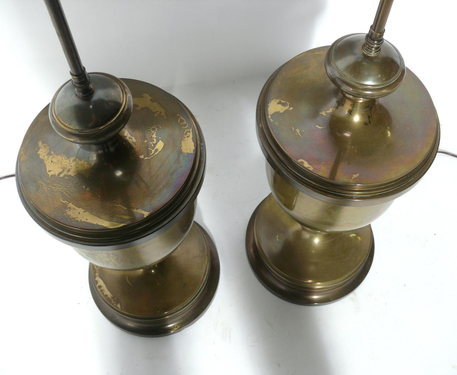 Hollywood Regency Large Scale English Brass Urn Lamps