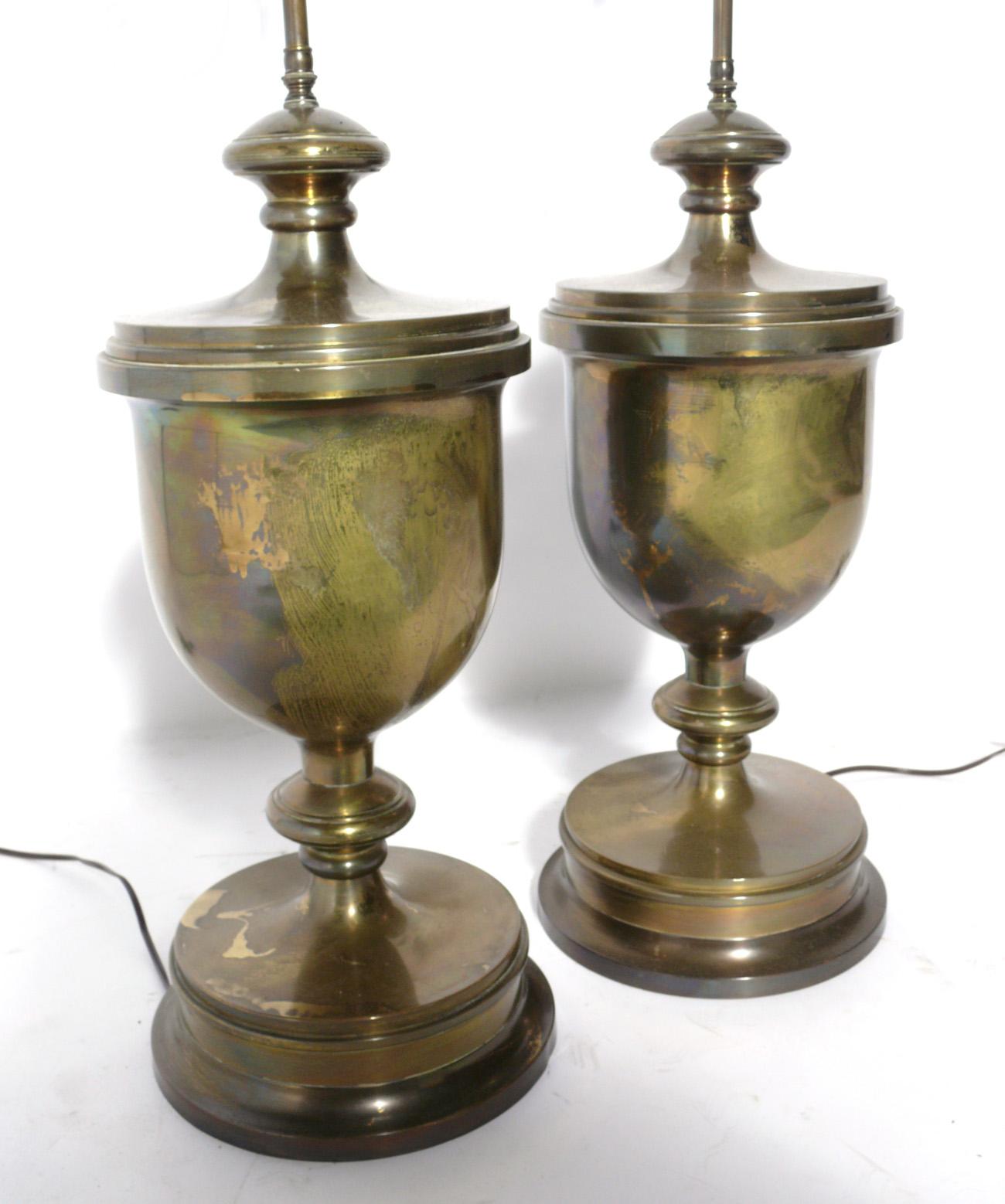 Large Scale English Brass Urn Lamps In Distressed Condition For Sale In Atlanta, GA