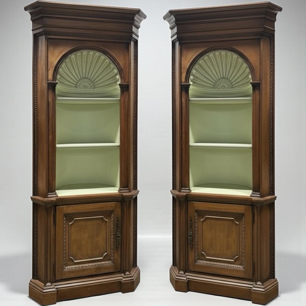American Large Scale English Georgian Style Corner Cabinets W/ Fan Or Shell Form -Pair For Sale