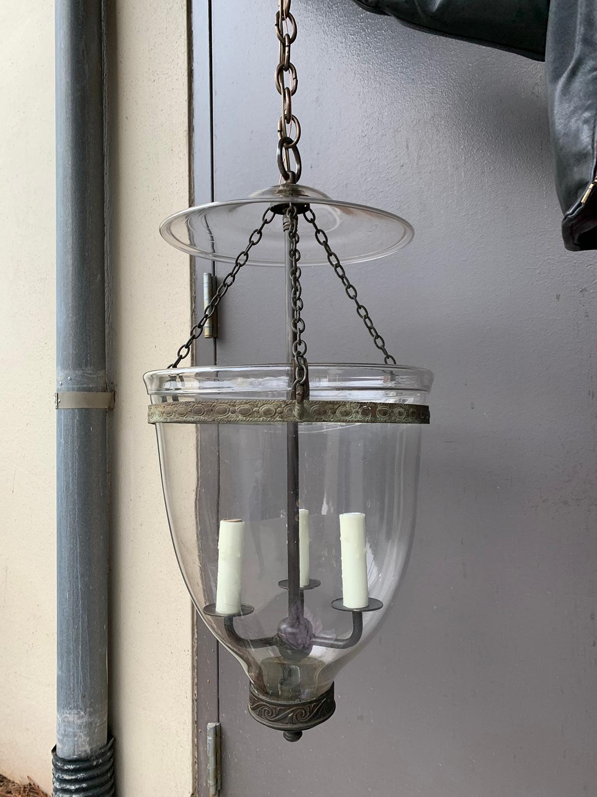 Large scale English glass bell jar three-light lantern/chandelier, circa 1820
Brand new wiring.