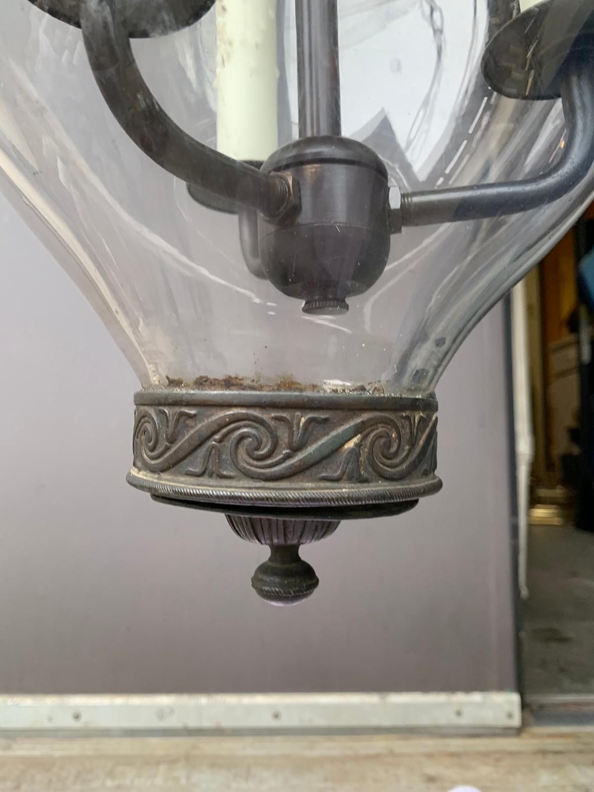 Large Scale English Glass Bell Jar Three-Light Lantern, circa 1820 1