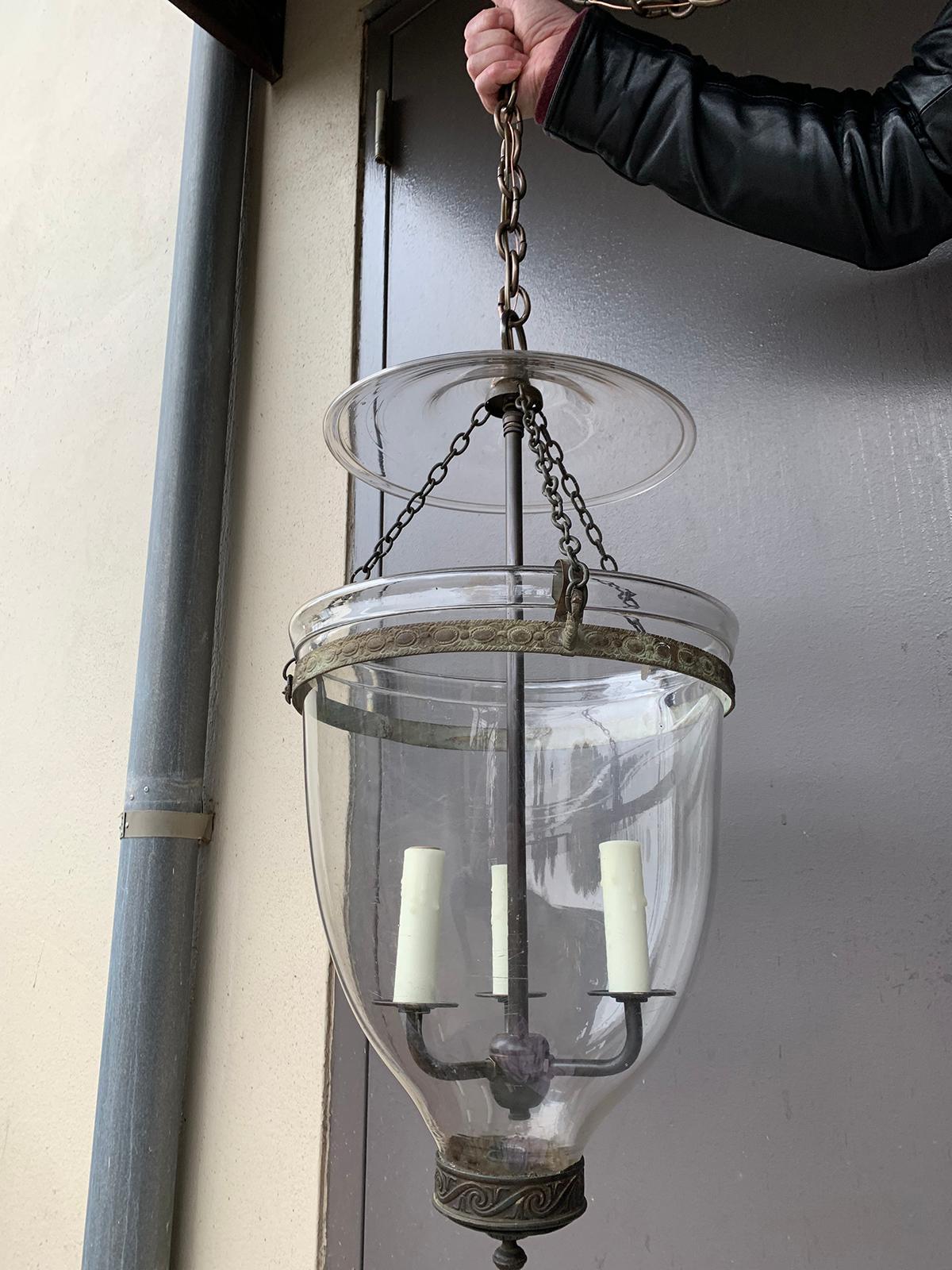 Large Scale English Glass Bell Jar Three-Light Lantern, circa 1820 2