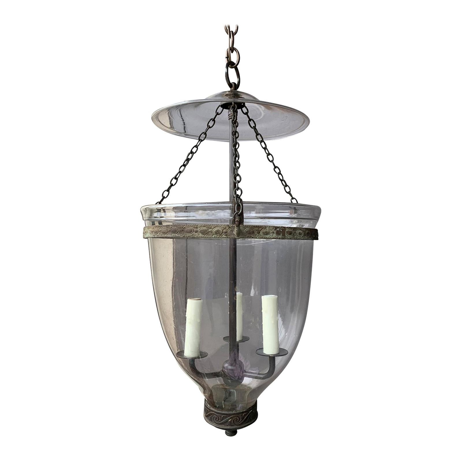 Large Scale English Glass Bell Jar Three-Light Lantern, circa 1820