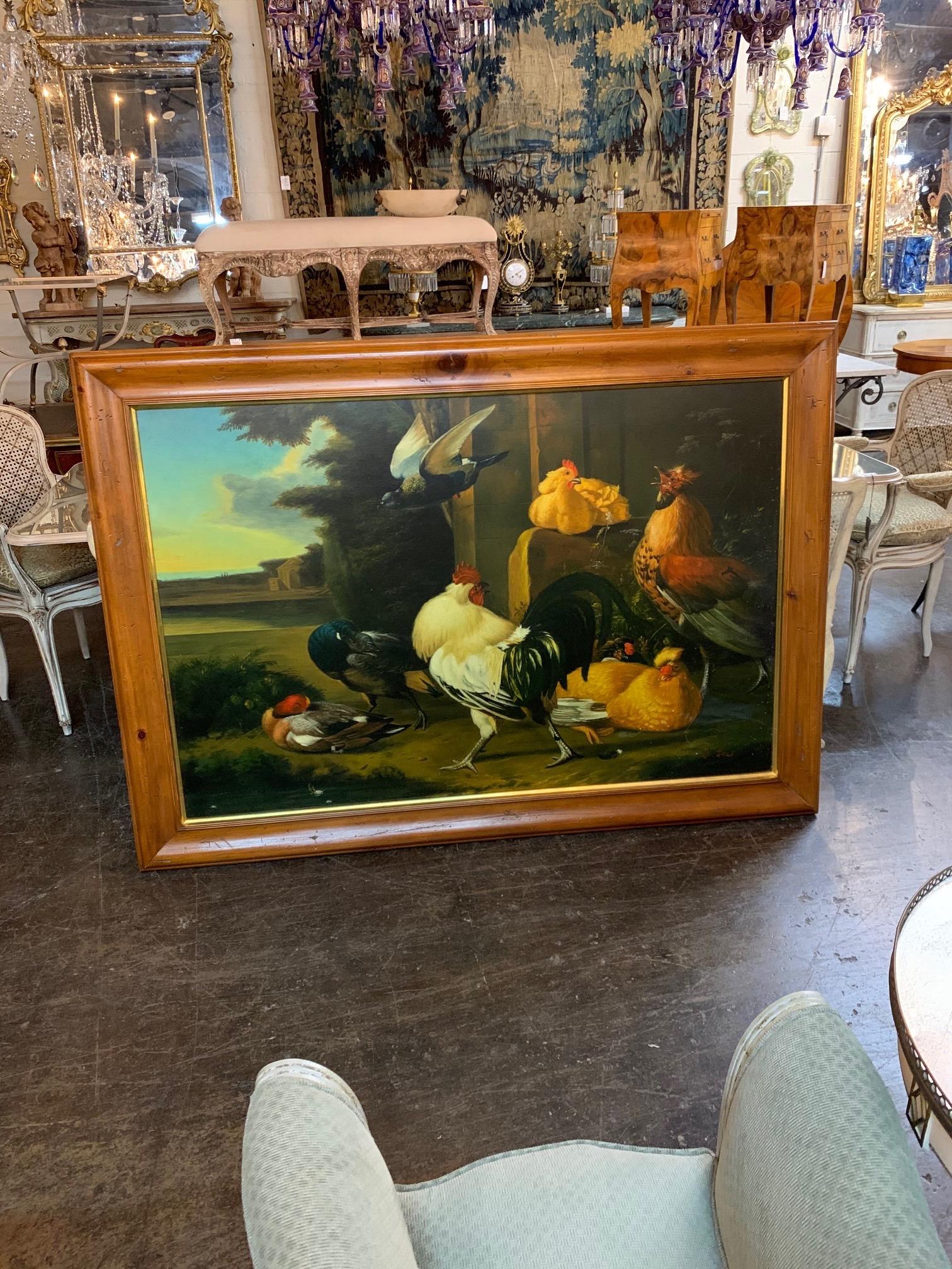 Very fine large scale European oil painting on canvas featuring chickens and roosters in a rural scene. Beautiful color and detail in this painting in a nice wooden frame.
