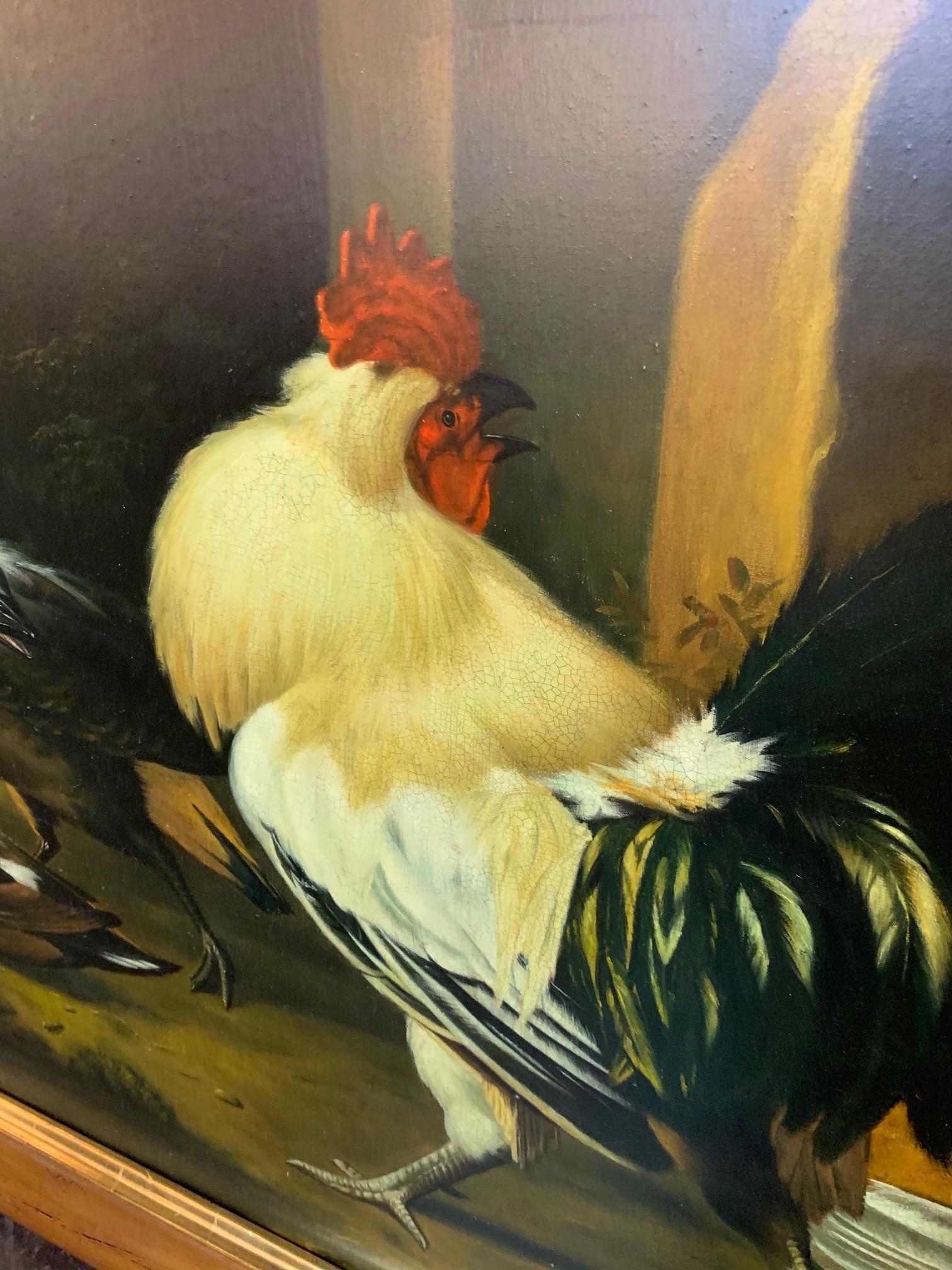Painted Large Scale European Oil on Canvas Painting of Chickens and Roosters For Sale