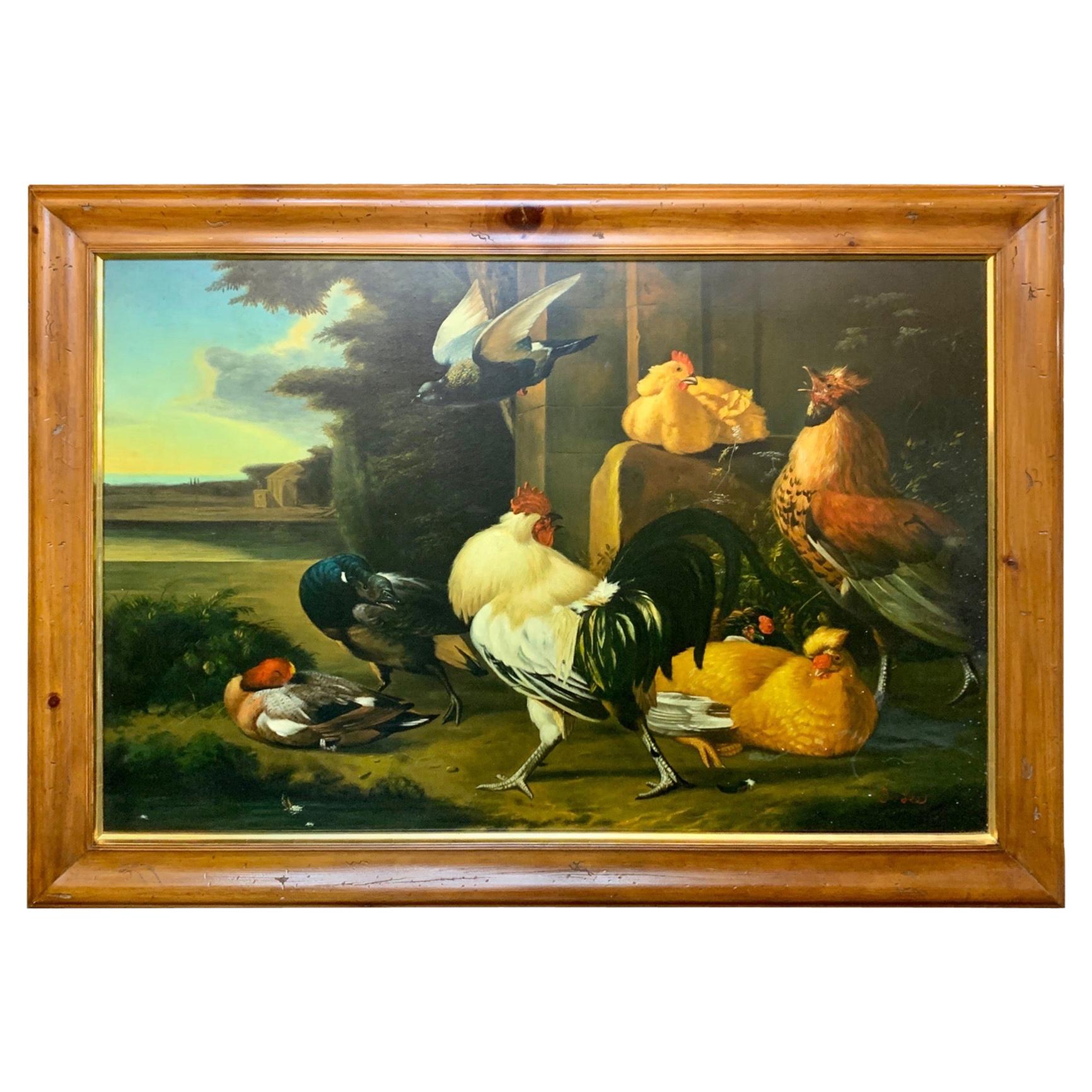 Large Scale European Oil on Canvas Painting of Chickens and Roosters For Sale