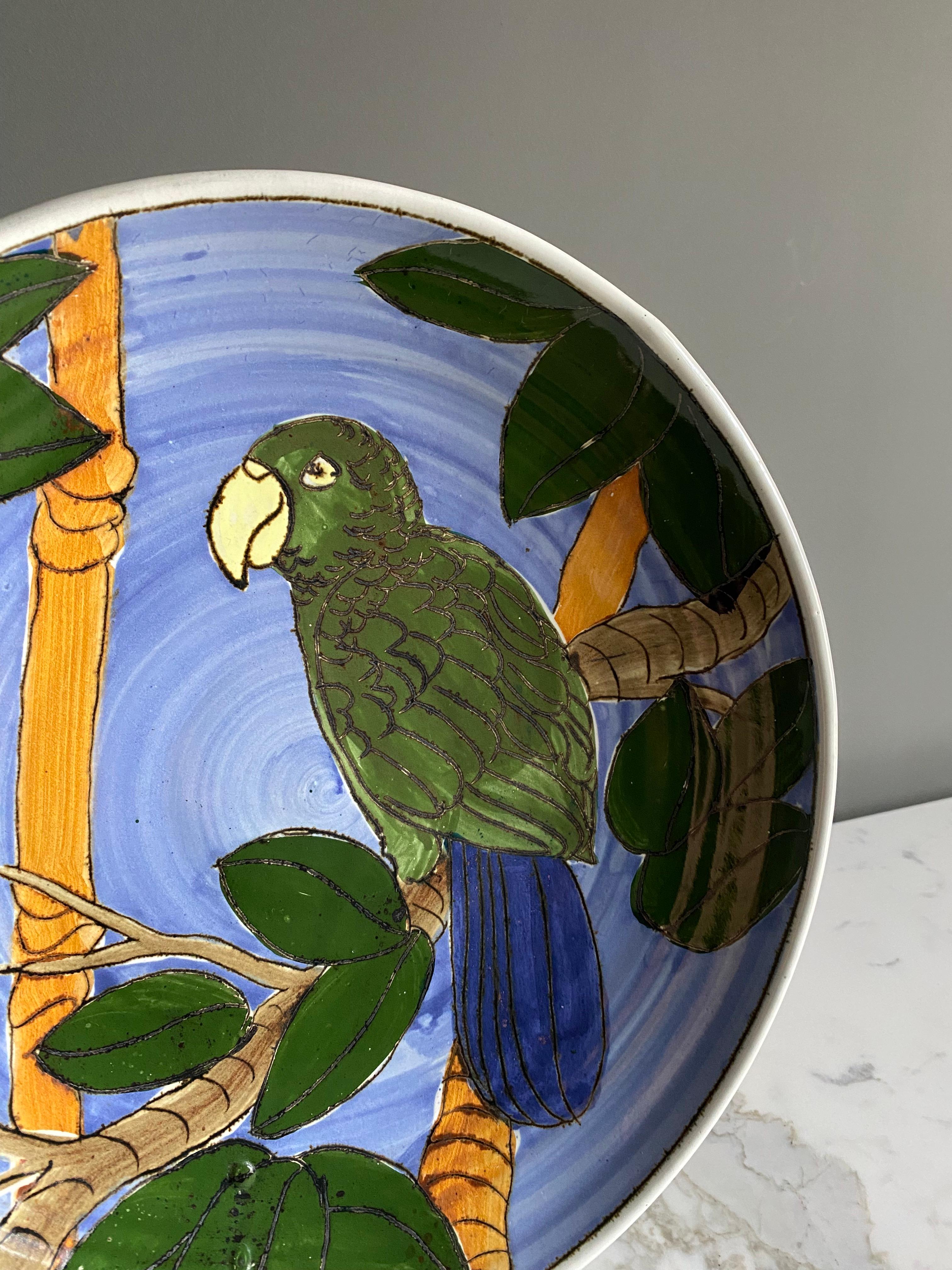 Glazed Large Scale Exotic Bird Ceramic Charger / Plate  For Sale