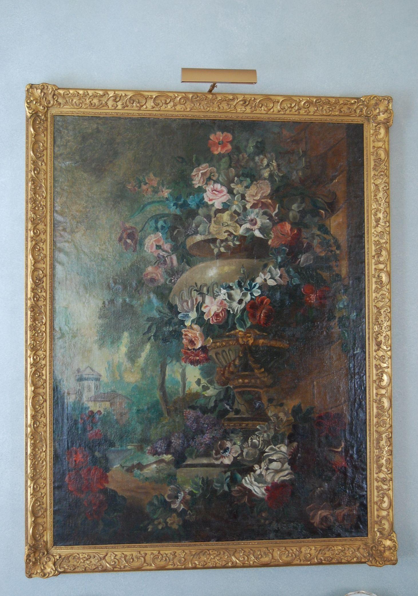 A large painting featuring an exterior marble urn with overflowing flowers set in a garden, likely Dutch and mid-19th century. Very good overall condition in a newer ornate gold leaf frame.