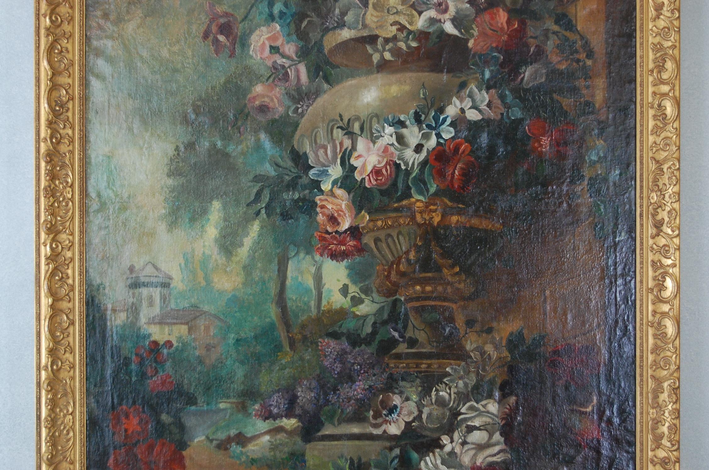 Victorian Large Scale Floral Painting of Urn in a Landscape, Dutch, 19th Century