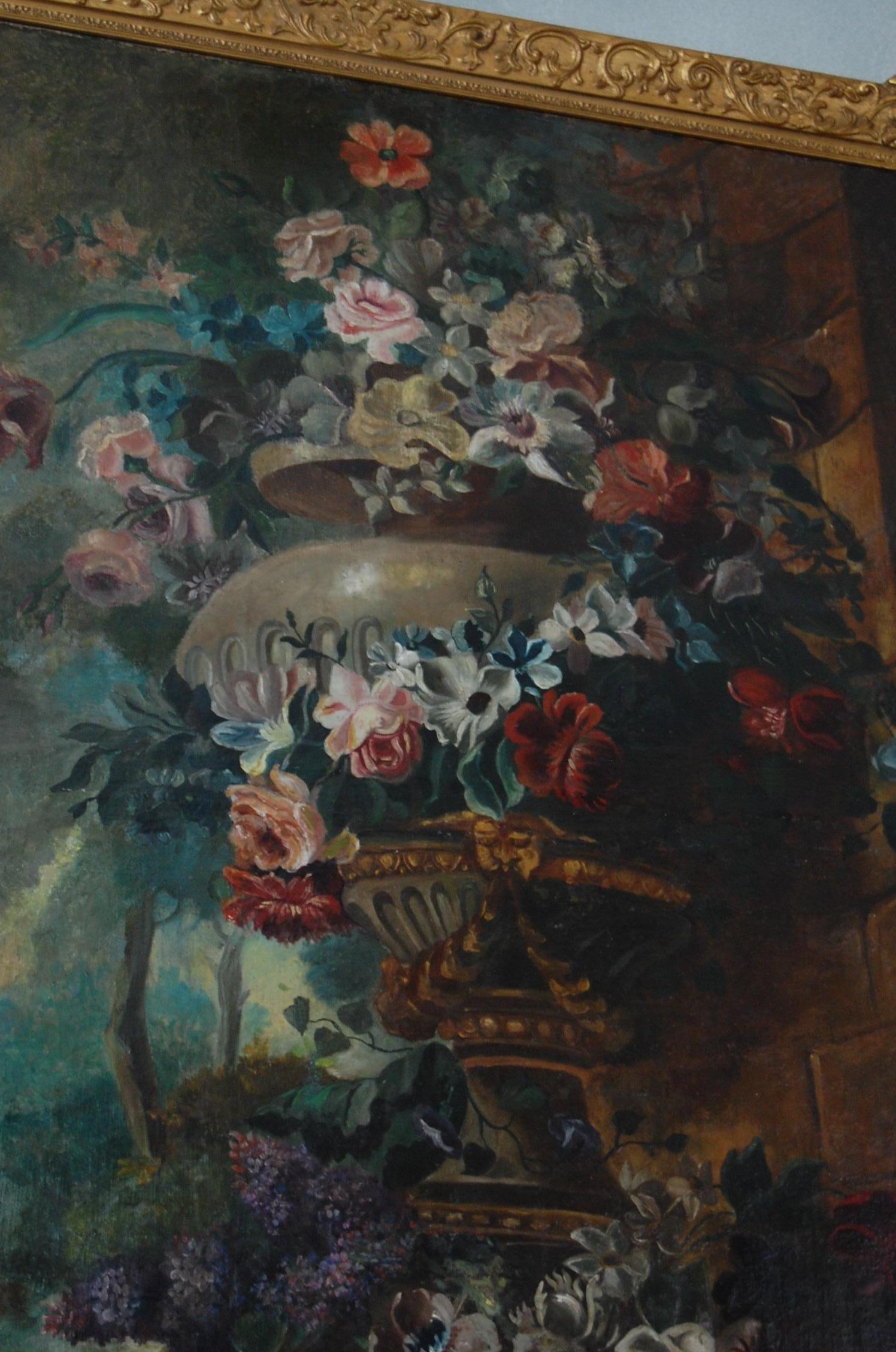 Large Scale Floral Painting of Urn in a Landscape, Dutch, 19th Century In Good Condition In Pittsburgh, PA