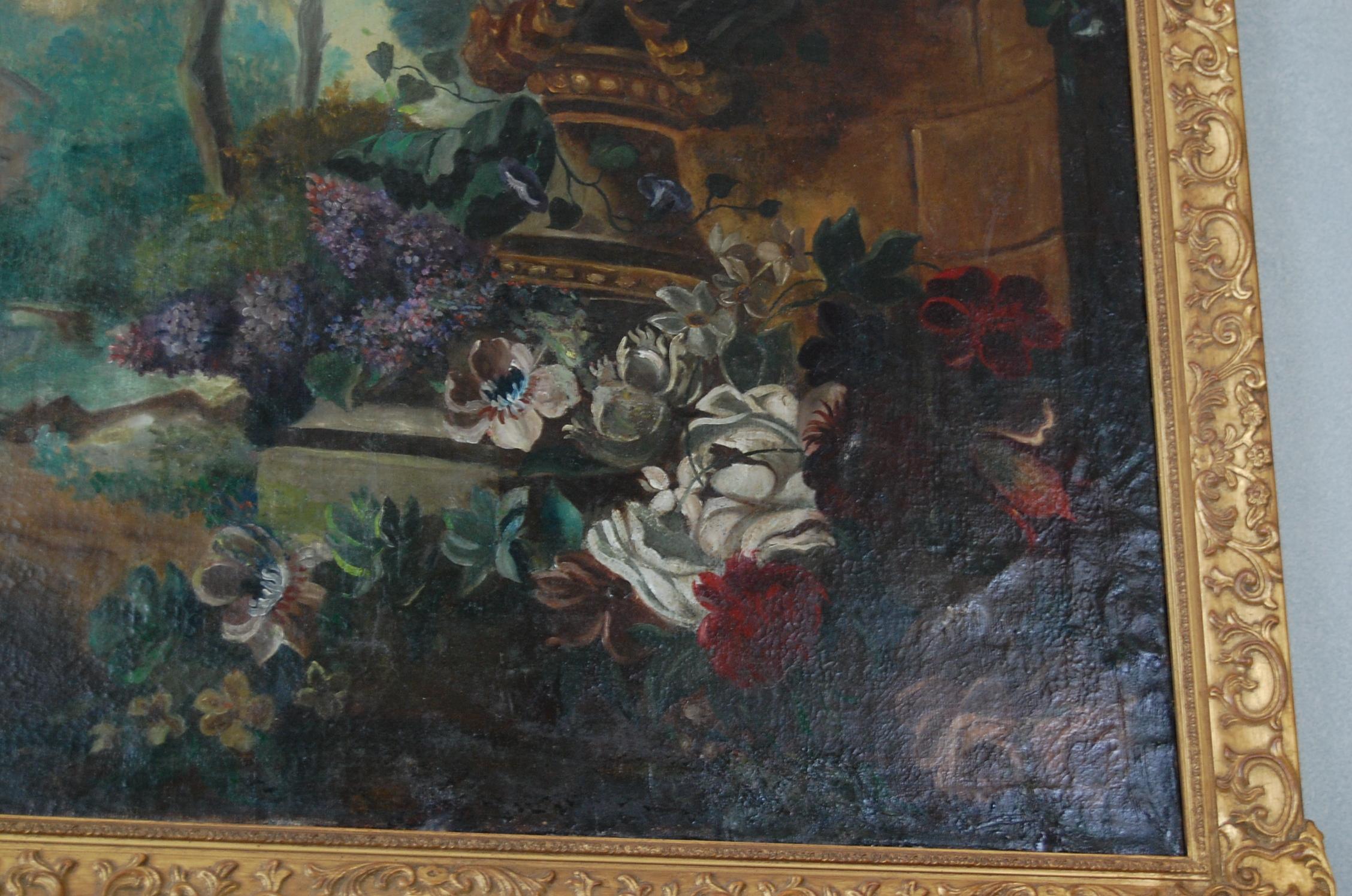 Canvas Large Scale Floral Painting of Urn in a Landscape, Dutch, 19th Century