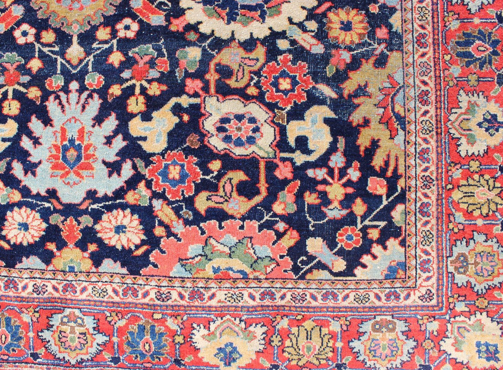 Large-Scale Flowers Design Antique Persian Sultanabad Mahal Rug in Navy Blue For Sale 3
