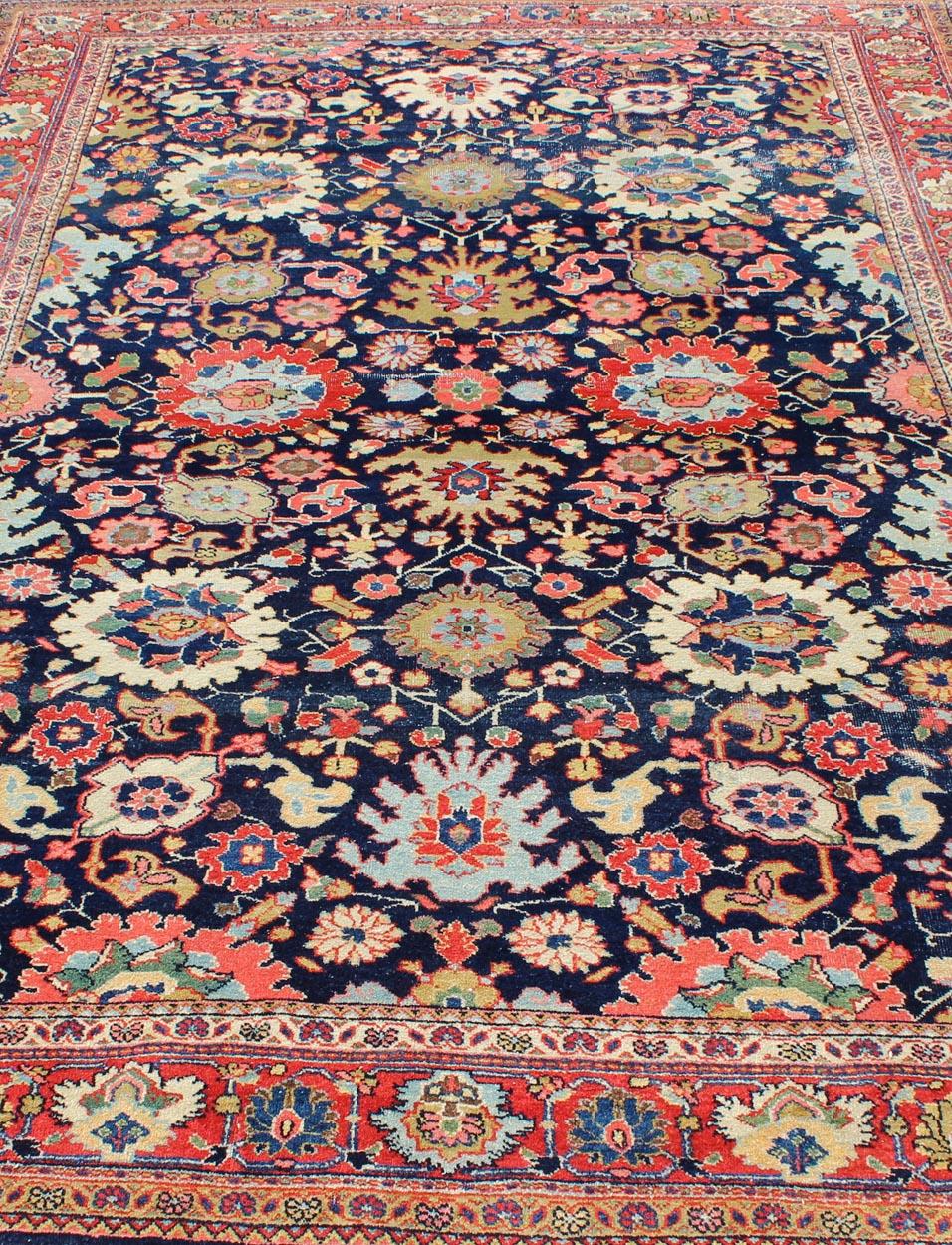 Large-Scale Flowers Design Antique Persian Sultanabad Mahal Rug in Navy Blue For Sale 5