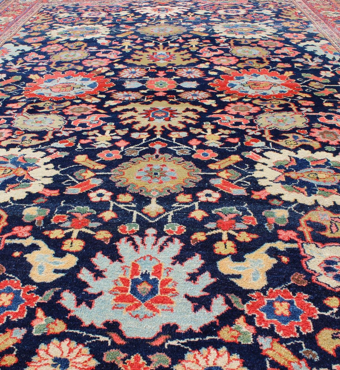 Large-Scale Flowers Design Antique Persian Sultanabad Mahal Rug in Navy Blue For Sale 6