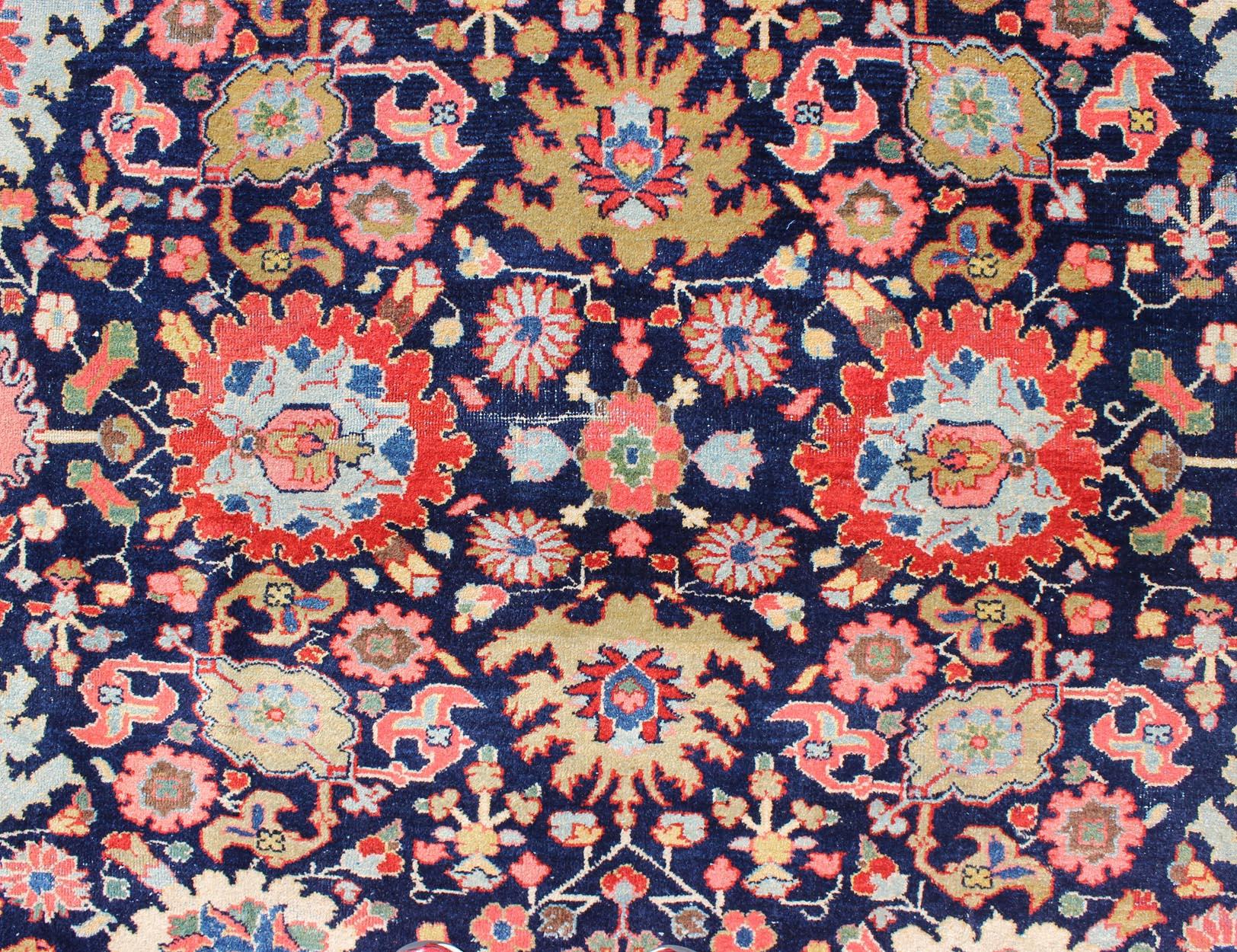 Large-Scale Flowers Design Antique Persian Sultanabad Mahal Rug in Navy Blue For Sale 7