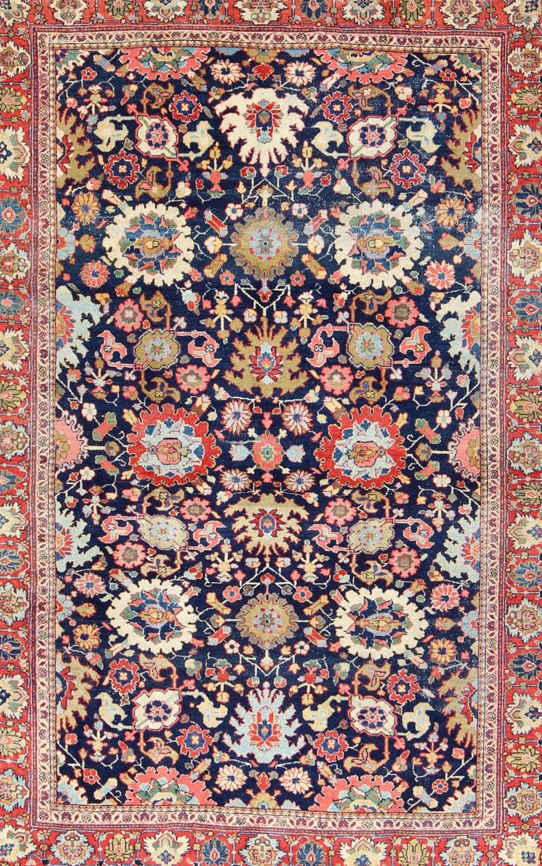 Tribal Large-Scale Flowers Design Antique Persian Sultanabad Mahal Rug in Navy Blue For Sale