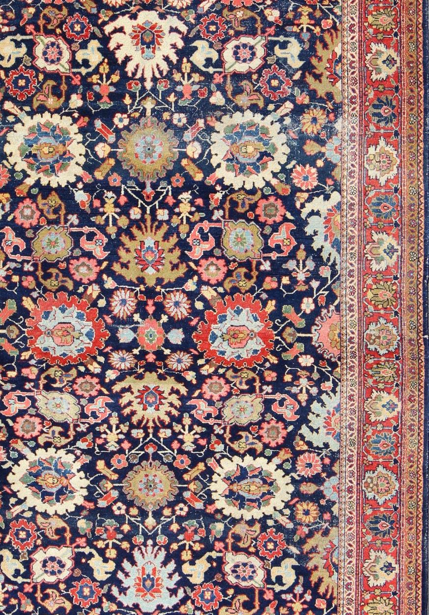 Hand-Knotted Large-Scale Flowers Design Antique Persian Sultanabad Mahal Rug in Navy Blue For Sale