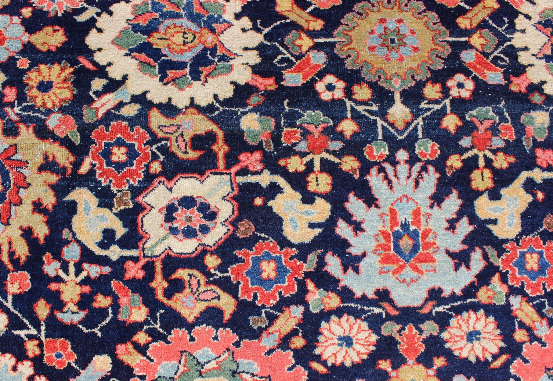 Wool Large-Scale Flowers Design Antique Persian Sultanabad Mahal Rug in Navy Blue For Sale