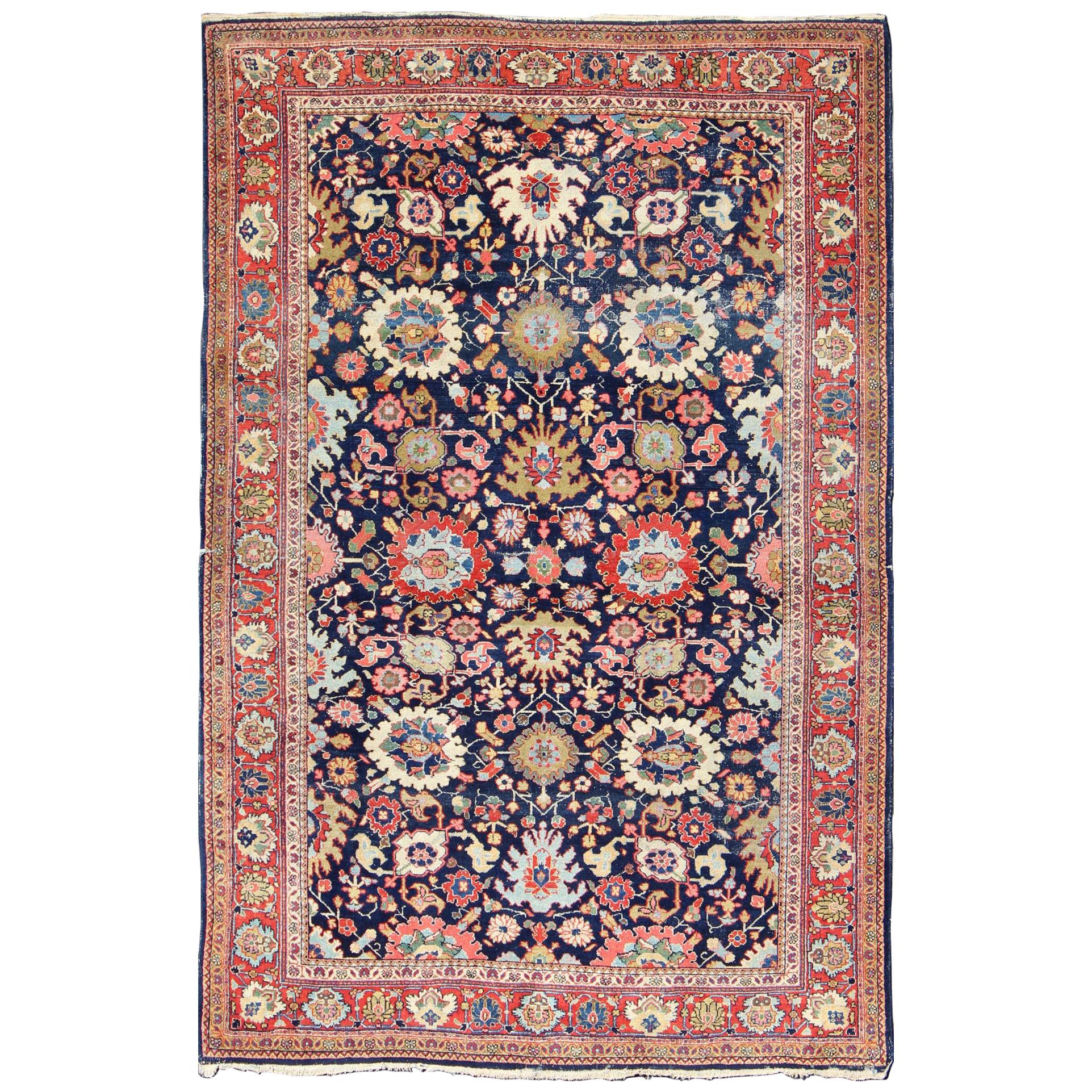 Large-Scale Flowers Design Antique Persian Sultanabad Mahal Rug in Navy Blue For Sale