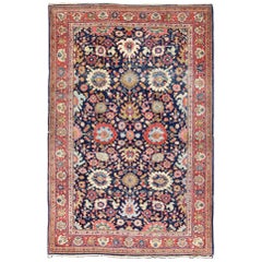 Large-Scale Flowers Design Antique Persian Sultanabad Mahal Rug in Navy Blue