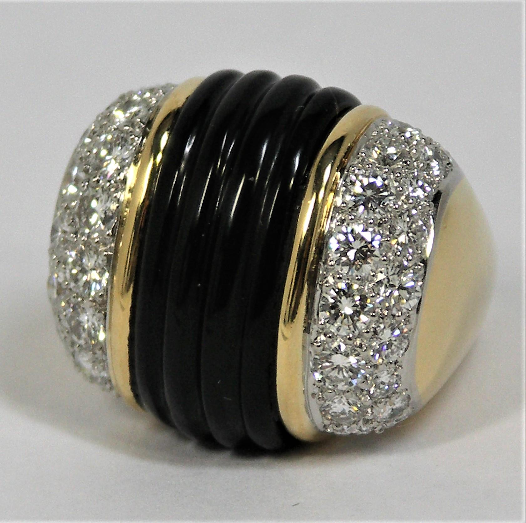 Women's Large Scale Fluted Onyx, Gold and Diamond Statement Ring