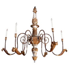 Large Scale Forged Iron and Carved Wood Chandelier