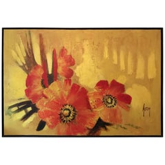 Vintage Large Scale Framed Mid-Century Modern Poppy Cluster Painting