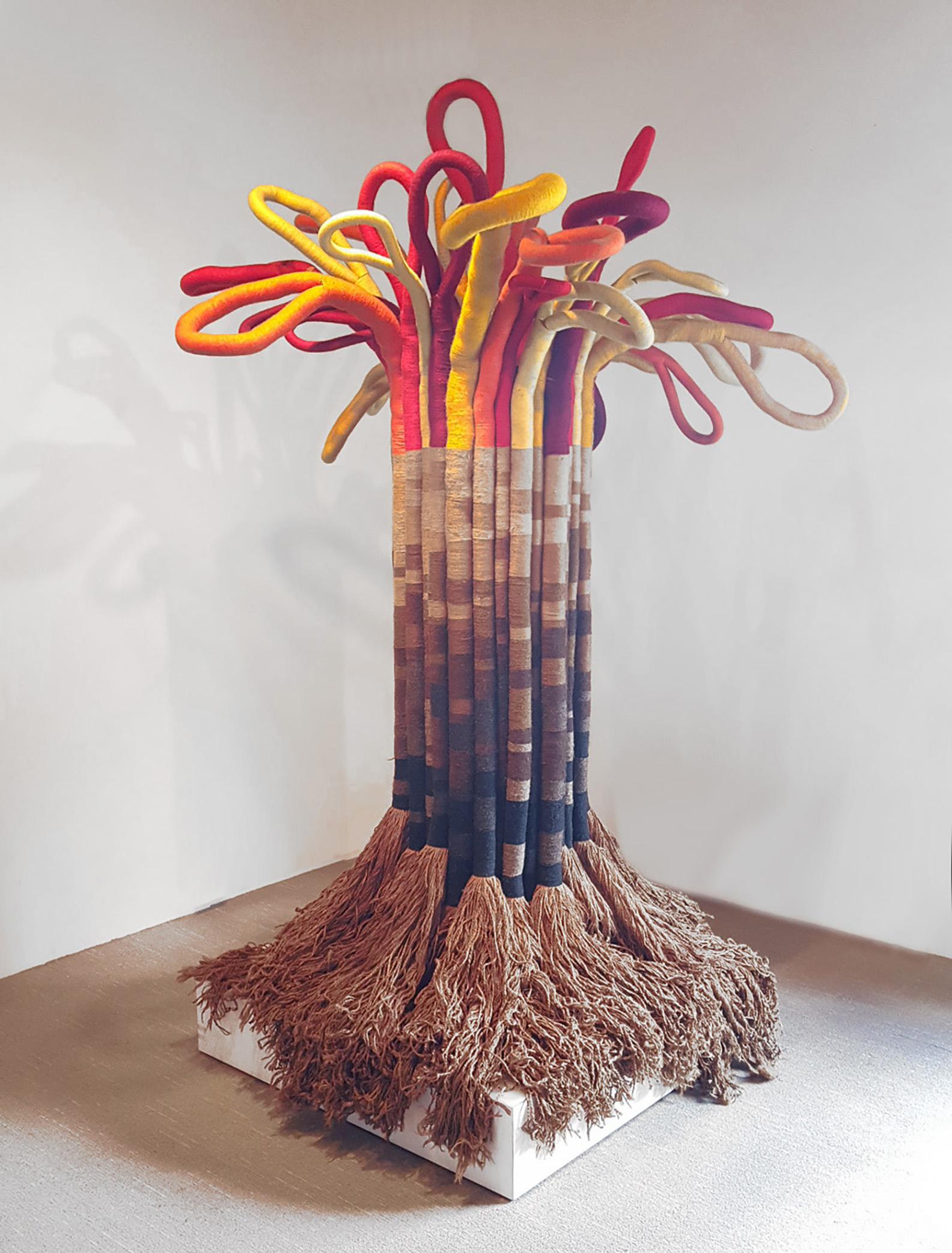 This large scale abstract fiber sculpture was created in the mid-1960s by renowned Detroit Artist, Jane Knight. This work was a part of her private collection and was never exhibited for sale. This piece is comprised of literal miles of jute strands