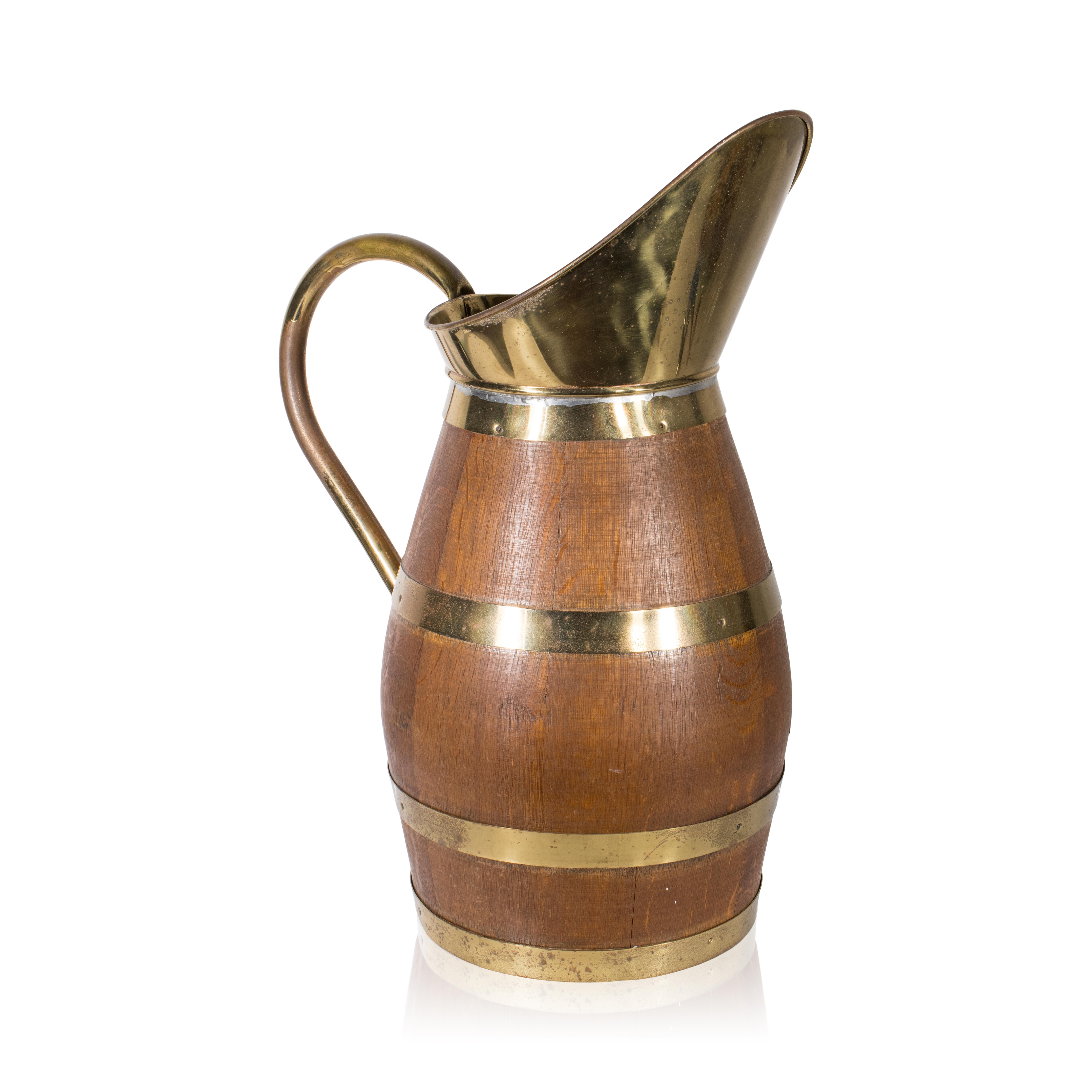 Mid 20th Century French Alascian wood and iron banded wine pitcher in large scale with handle. A great barware piece!

Period: Mid 20th century
Origin: France
Size: 21 1/2