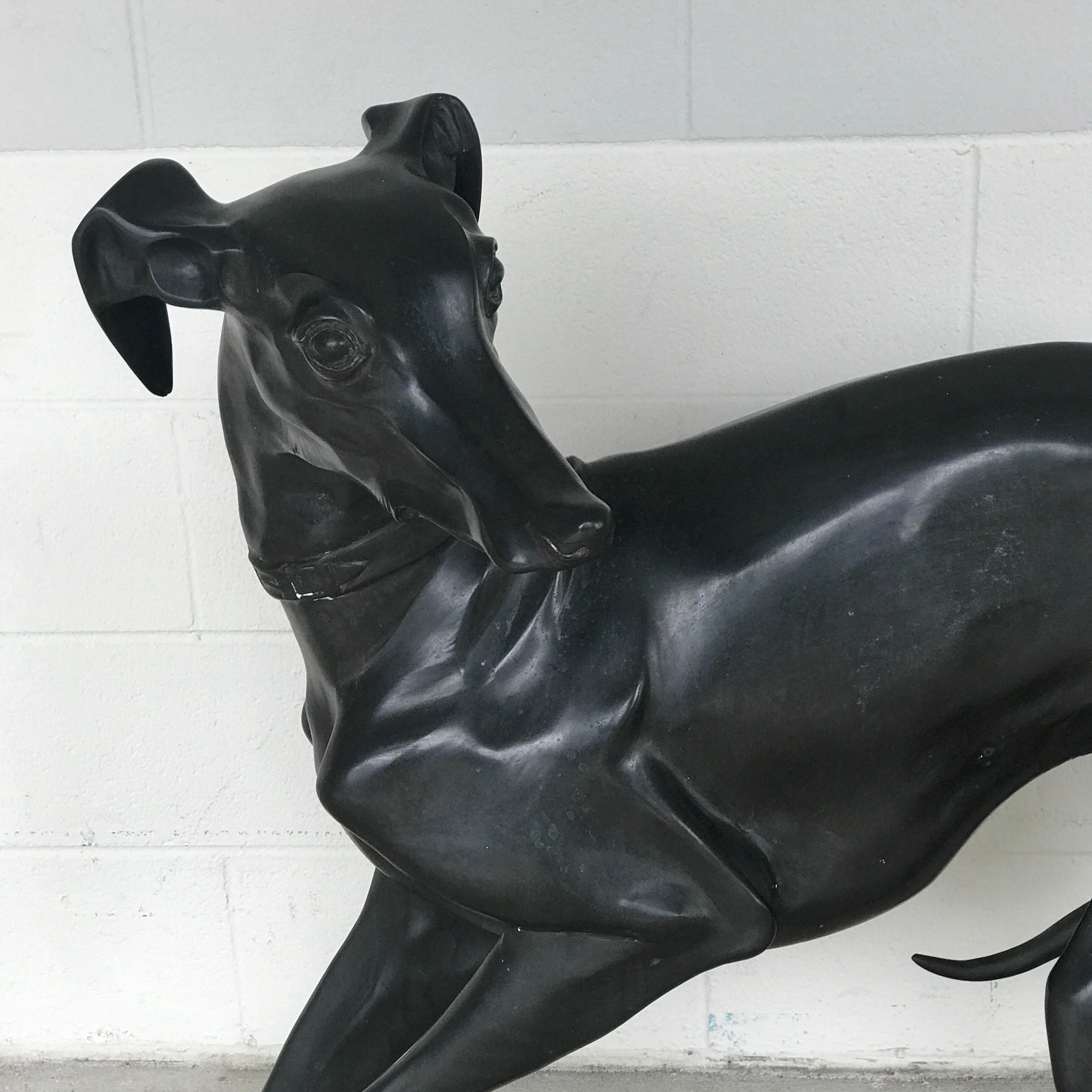 Large-scale French bronze whippet, nice casting of a larger than life collared whippet.