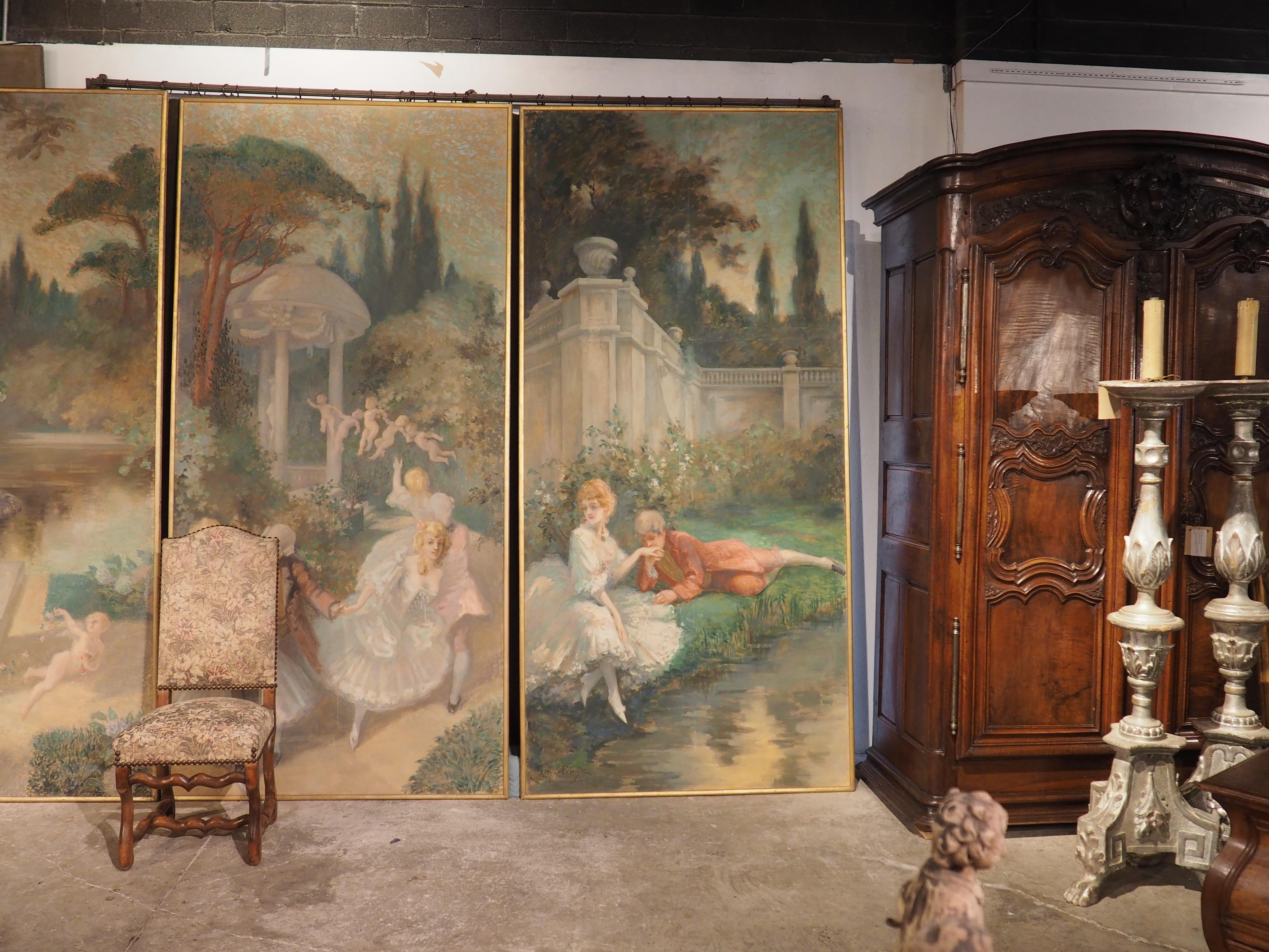 Belle Époque Large Scale French Fête Galante Triptych Painting by Arthur Foache, 1871-1967