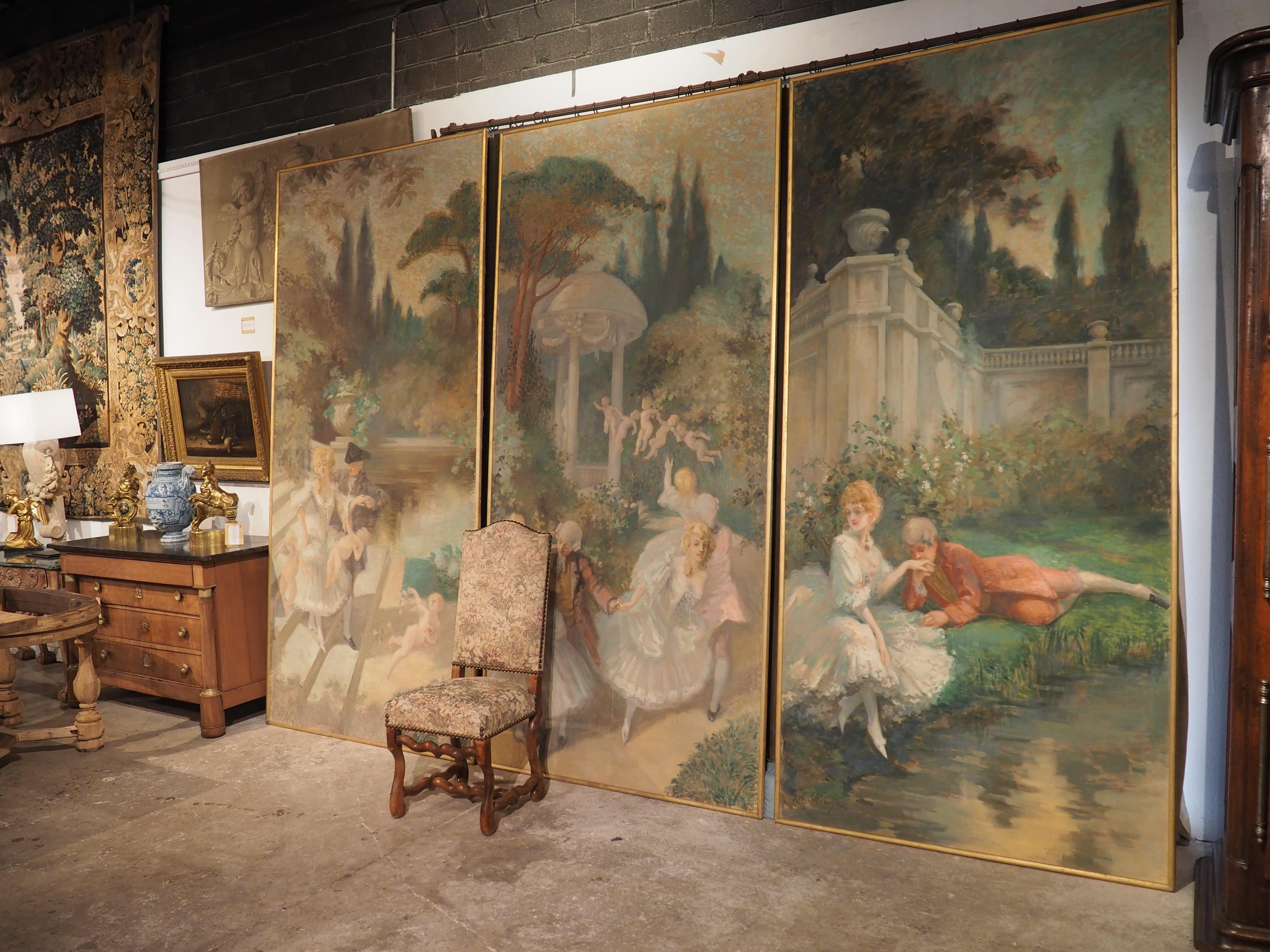 Hand-Painted Large Scale French Fête Galante Triptych Painting by Arthur Foache, 1871-1967