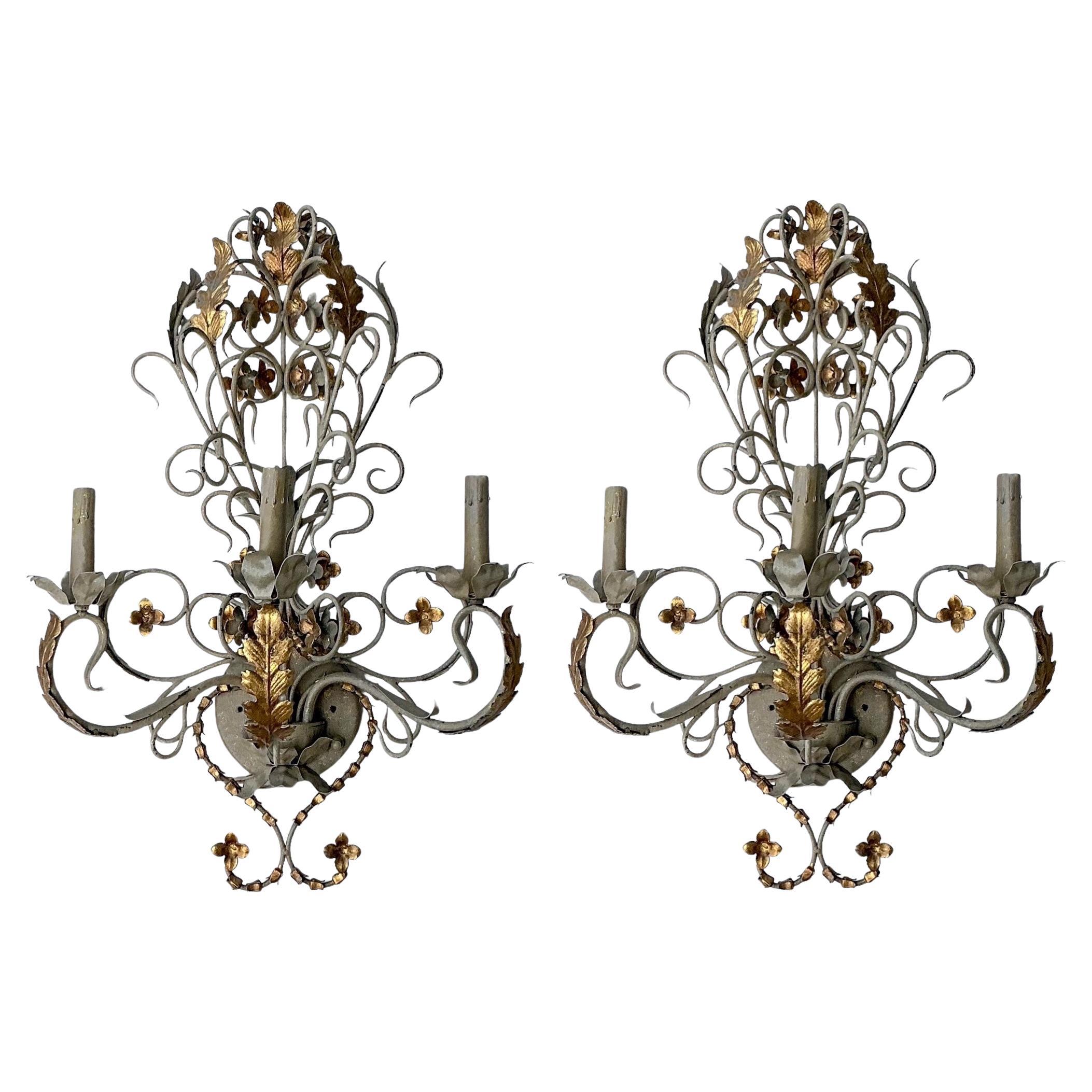 Large Scale French Gray &Gilt Metal Tole Sconces By Currey & Company - Pair
