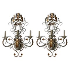 Large Scale French Gray &Gilt Metal Tole Sconces By Currey & Company - Pair