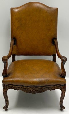 Large Scale French Louis XV Style Carved Fruitwood Tooled Leather Bergere Chair