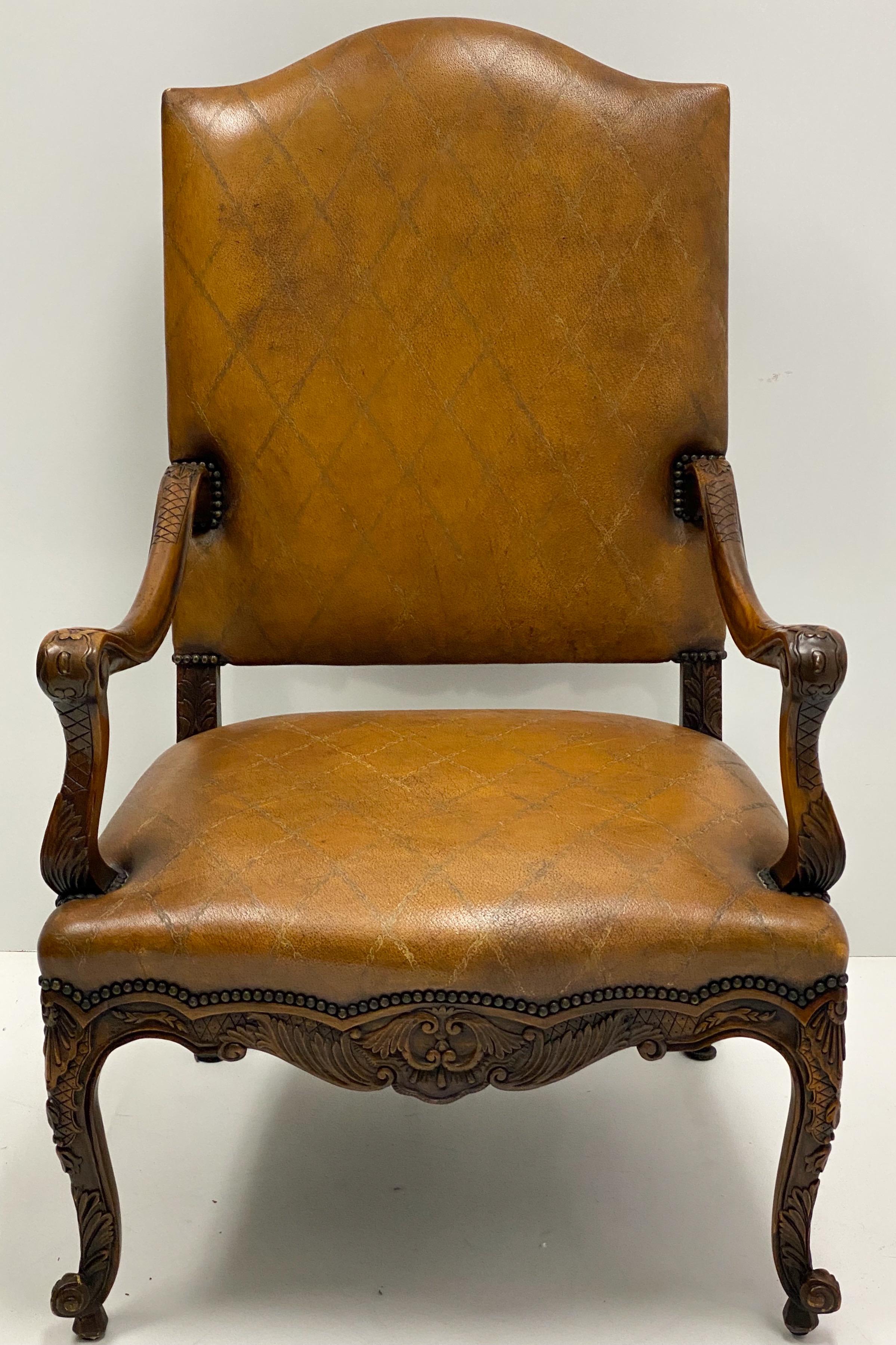 Large Scale French Louis XV Style Carved Fruitwood Tooled Leather Bergere Chair In Good Condition For Sale In Kennesaw, GA