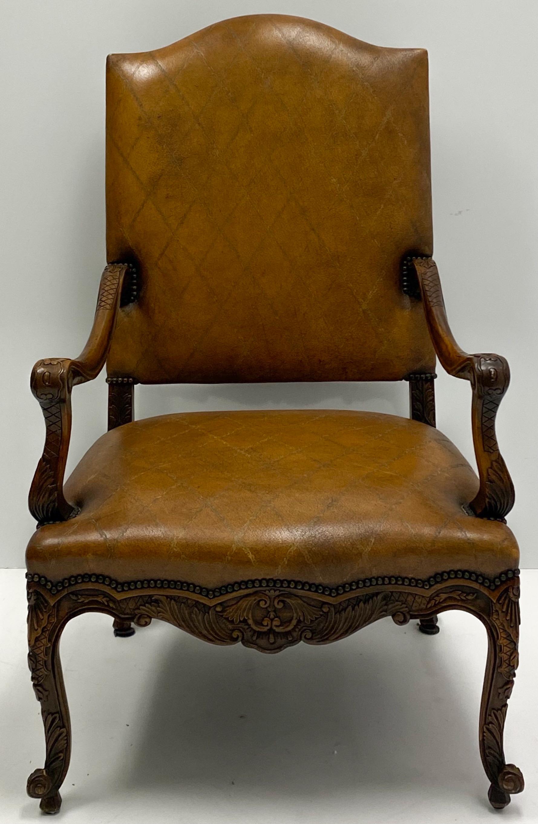 Large Scale French Louis XV Style Carved Fruitwood Tooled Leather Bergere Chair For Sale 1