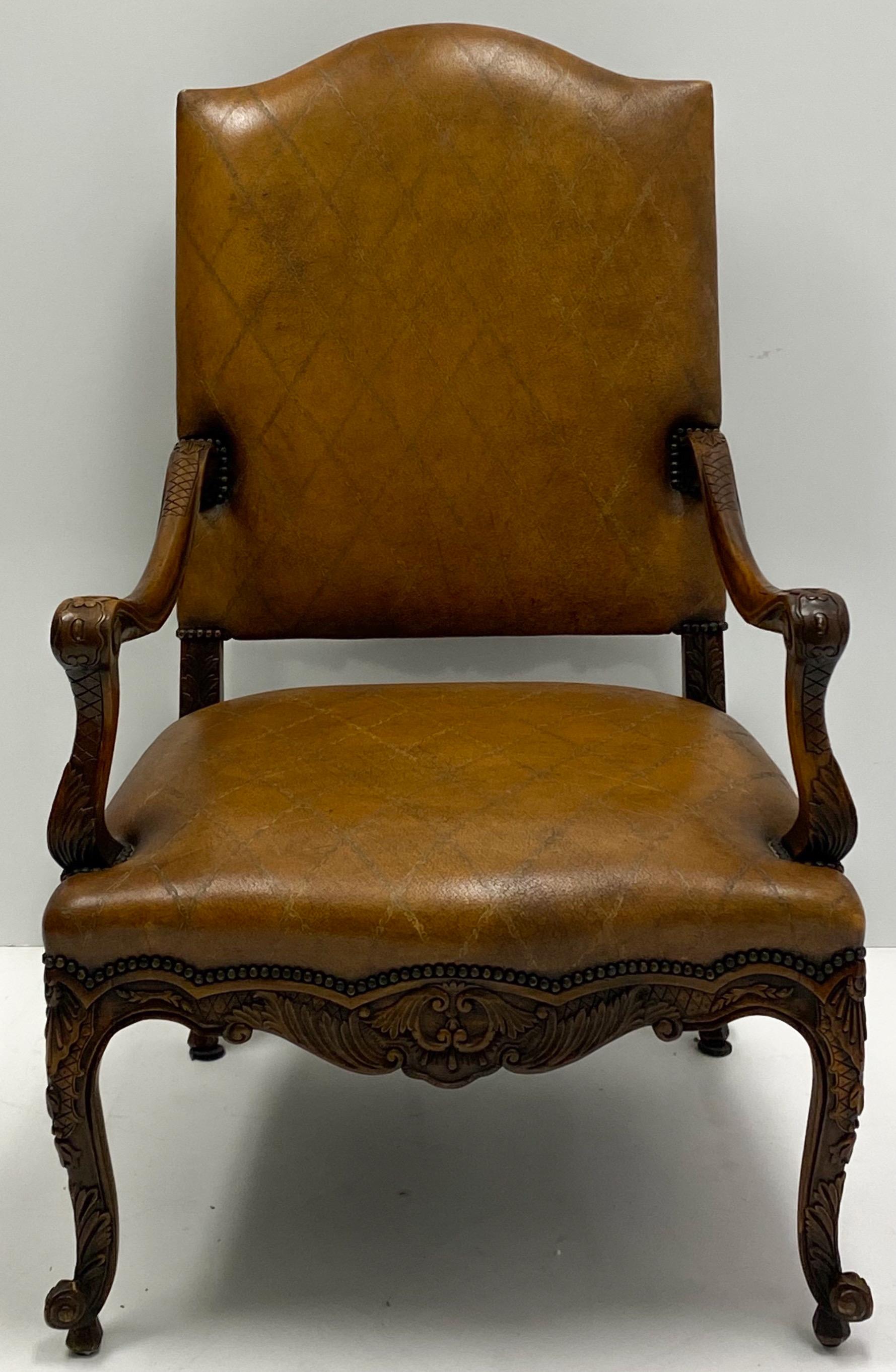 Large Scale French Louis XV Style Carved Fruitwood Tooled Leather Bergere Chair For Sale 2