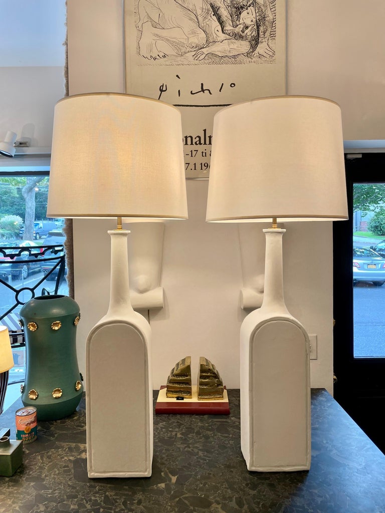 Made in USA, these great large scale lamps are hand made with painted plaster in the style of Bruno Gambone. They are quite unique and they have a lot of personality on their own. SEE ALL detail images in listing and video for better understanding