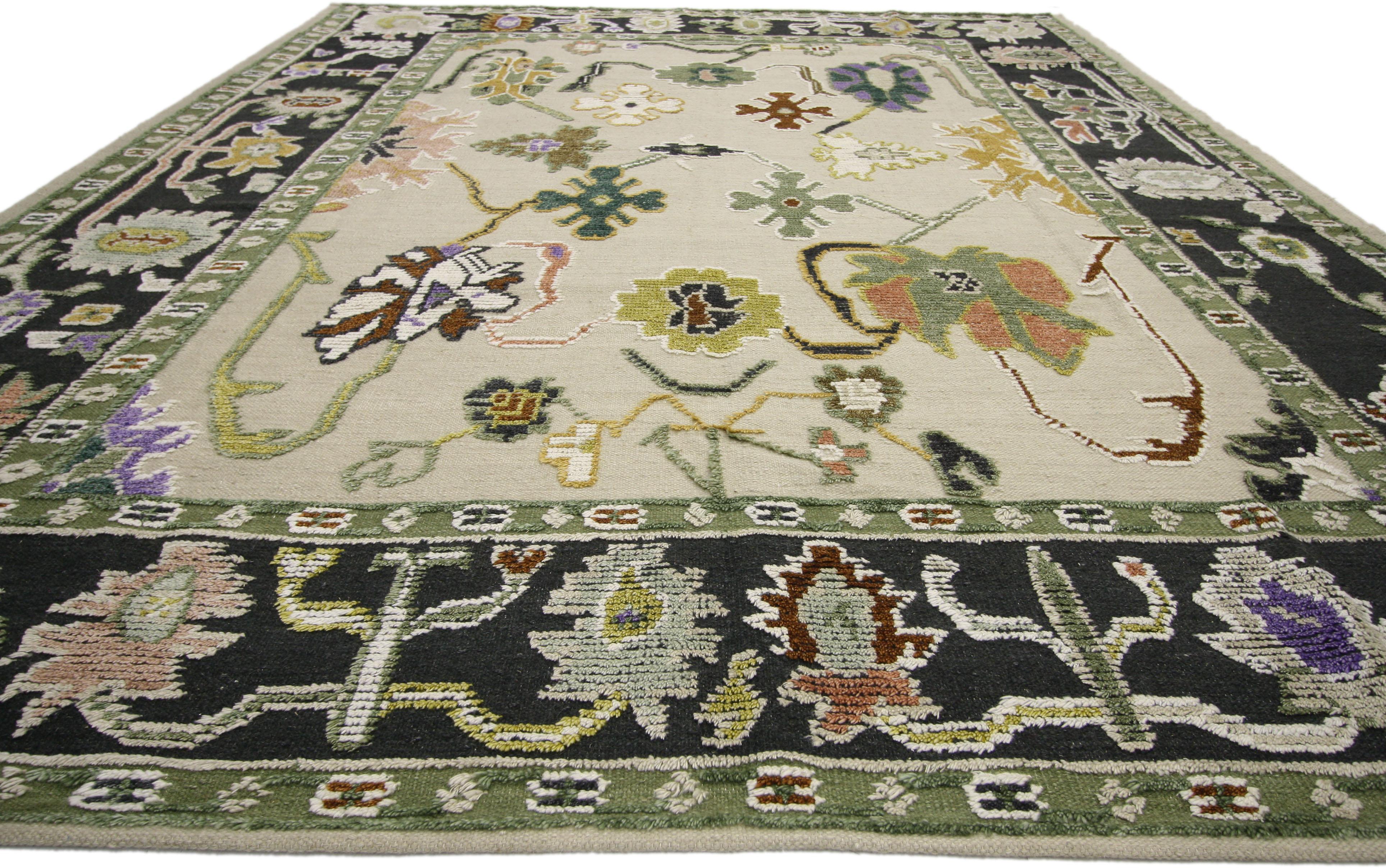 Indian Large-Scale Geometric Area Rug, Colorful Oushak Style High-Low Area Rug
