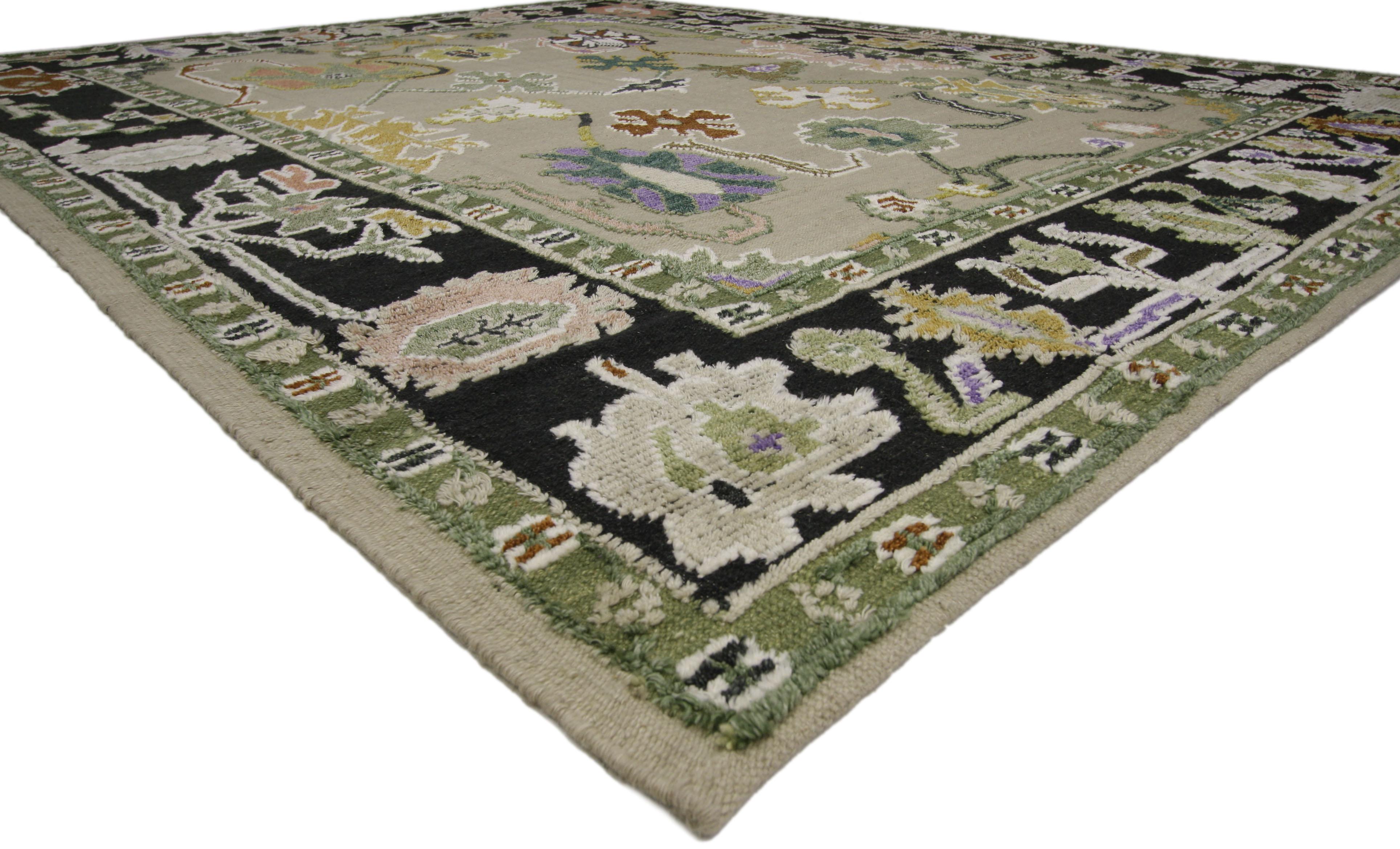 Hand-Woven Large-Scale Geometric Area Rug, Colorful Oushak Style High-Low Area Rug