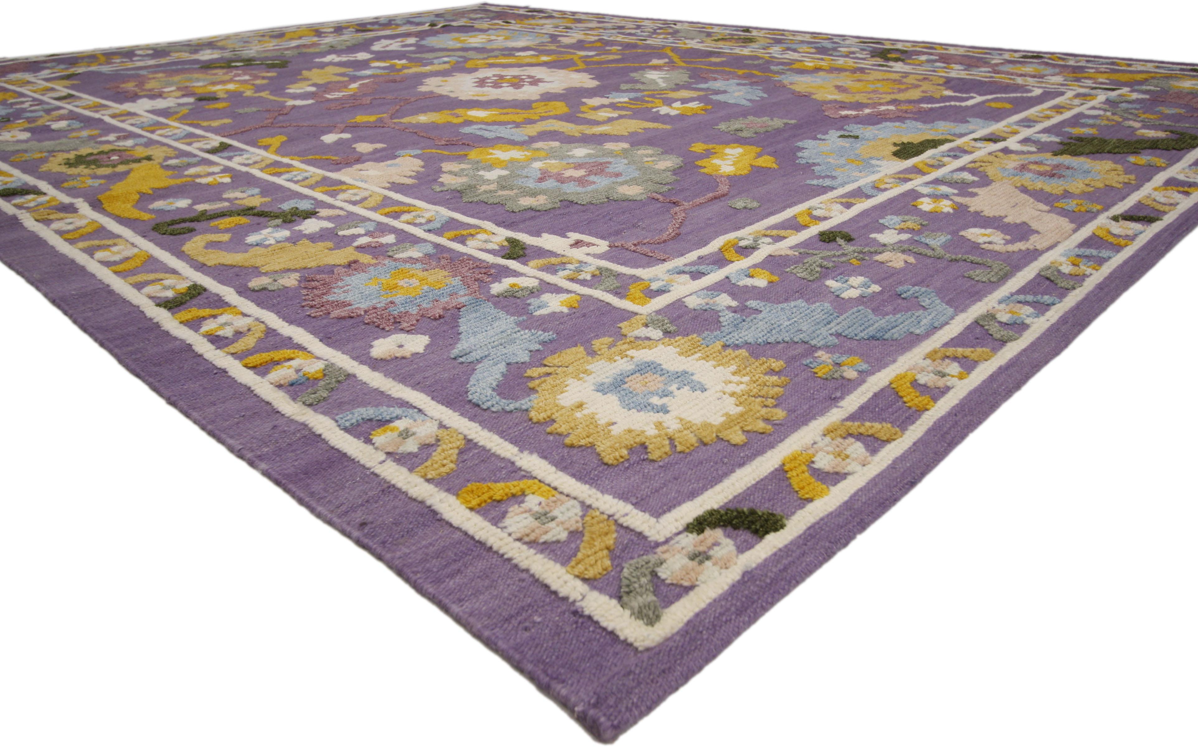 Indian Large-Scale Geometric Print Rug, Purple Oushak Rug, High and Low Texture Rug