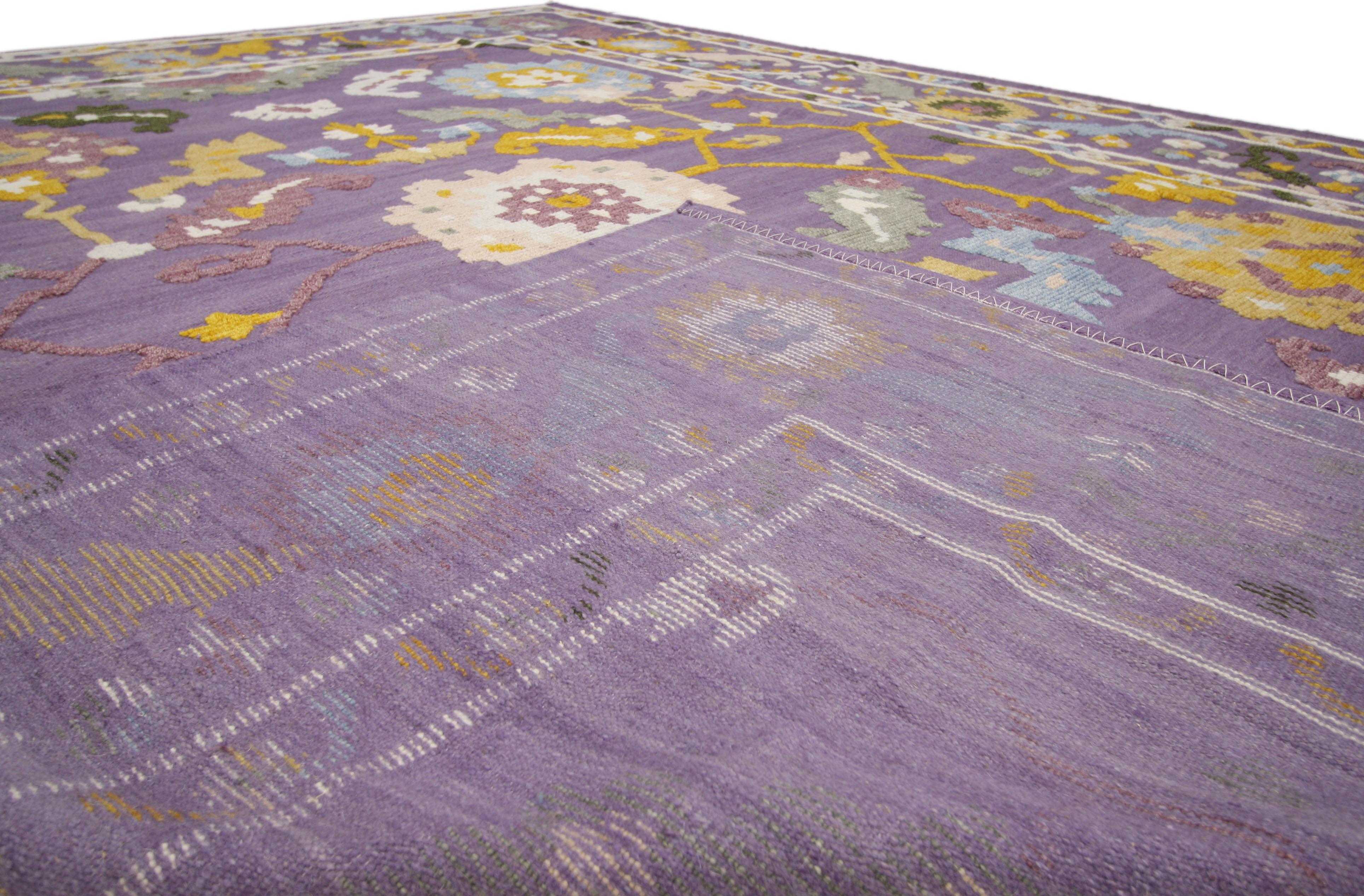 Hand-Knotted Large-Scale Geometric Print Rug, Purple Oushak Rug, High and Low Texture Rug