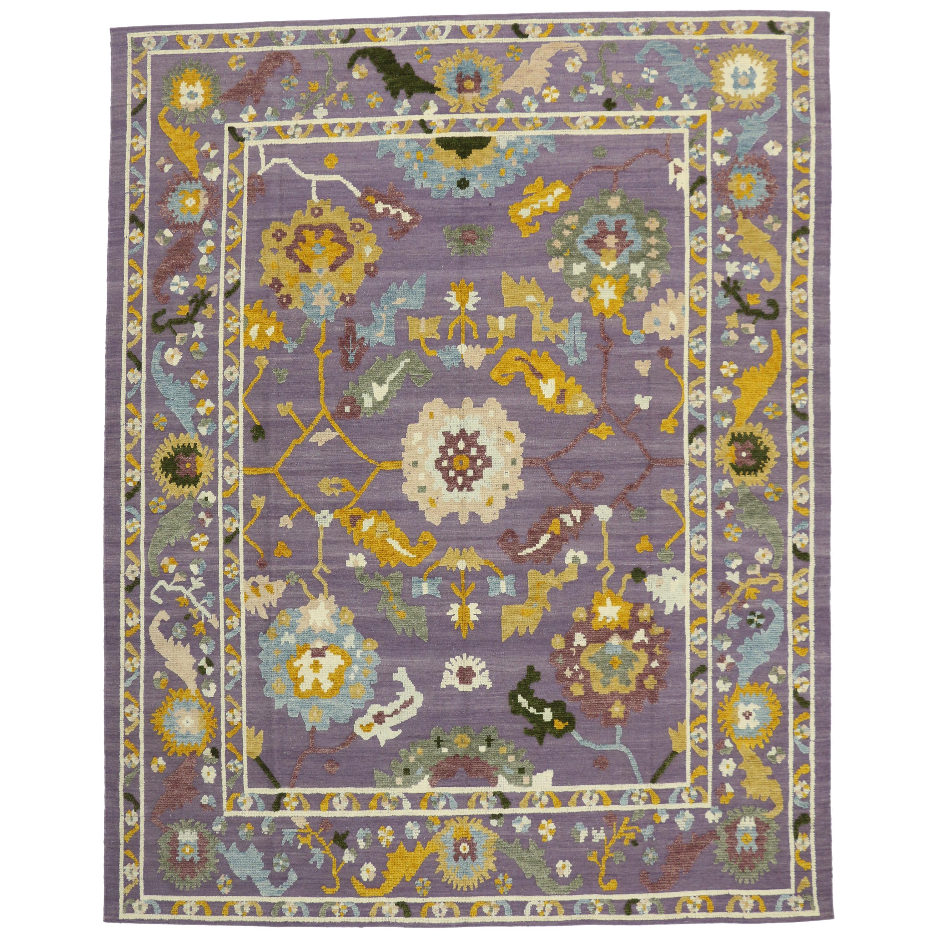 Large-Scale Geometric Print Rug, Purple Oushak Rug, High and Low Texture Rug