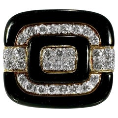 Large Scale Geometric Ring with Onyx and Diamonds in 18K Yellow Gold