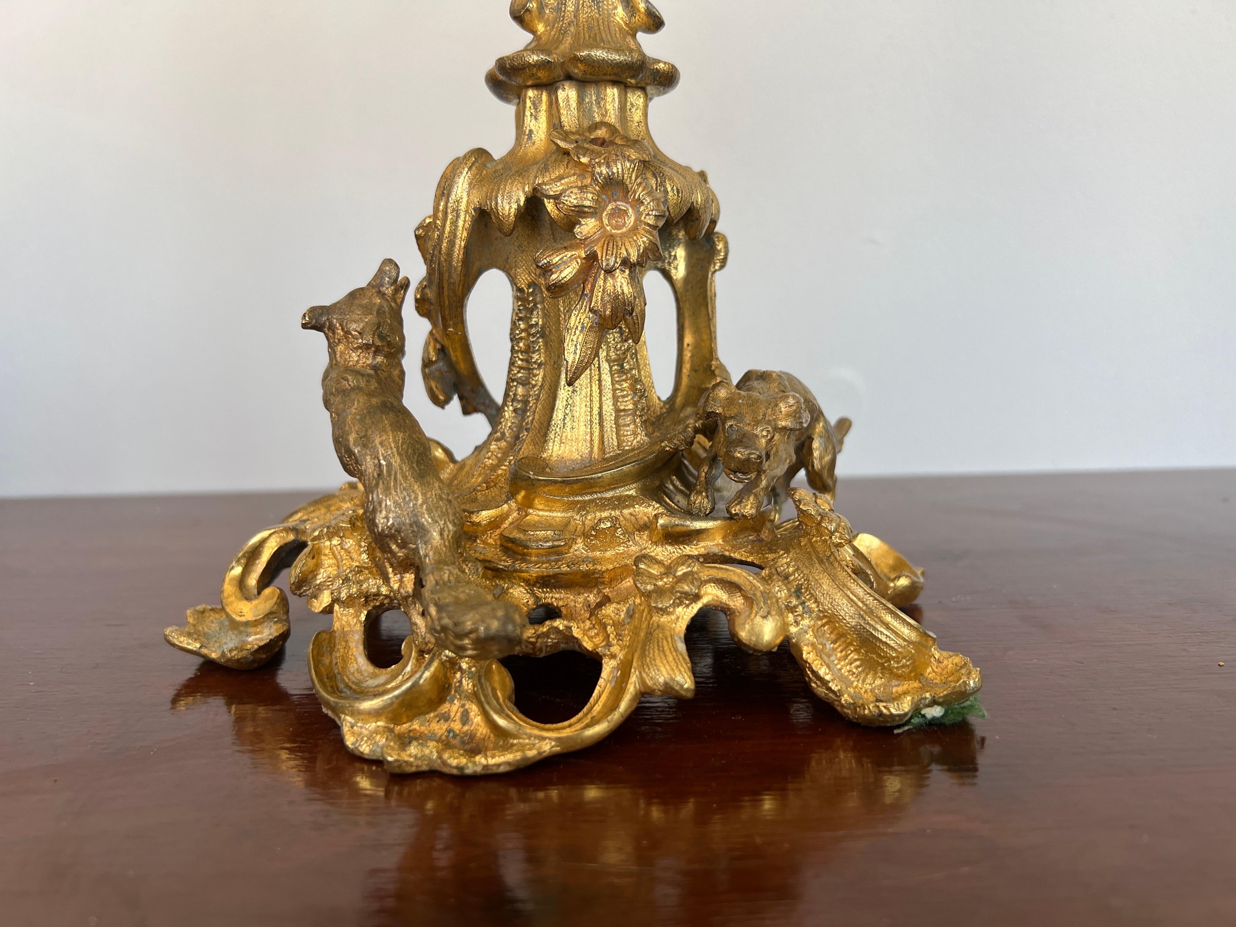 French Large Scale Gilt Bronze 6-Light Candelabra W/ Fox & Dog Hunting Scene For Sale