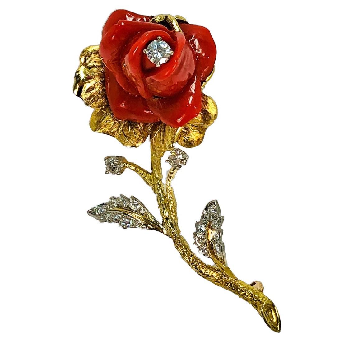 Brilliant Cut Large Scale Gold and Carved Coral Single Stem Rose Brooch with Diamonds