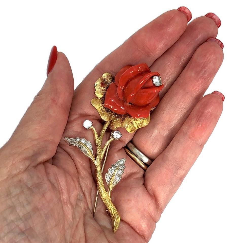 Women's Large Scale Gold and Carved Coral Single Stem Rose Brooch with Diamonds